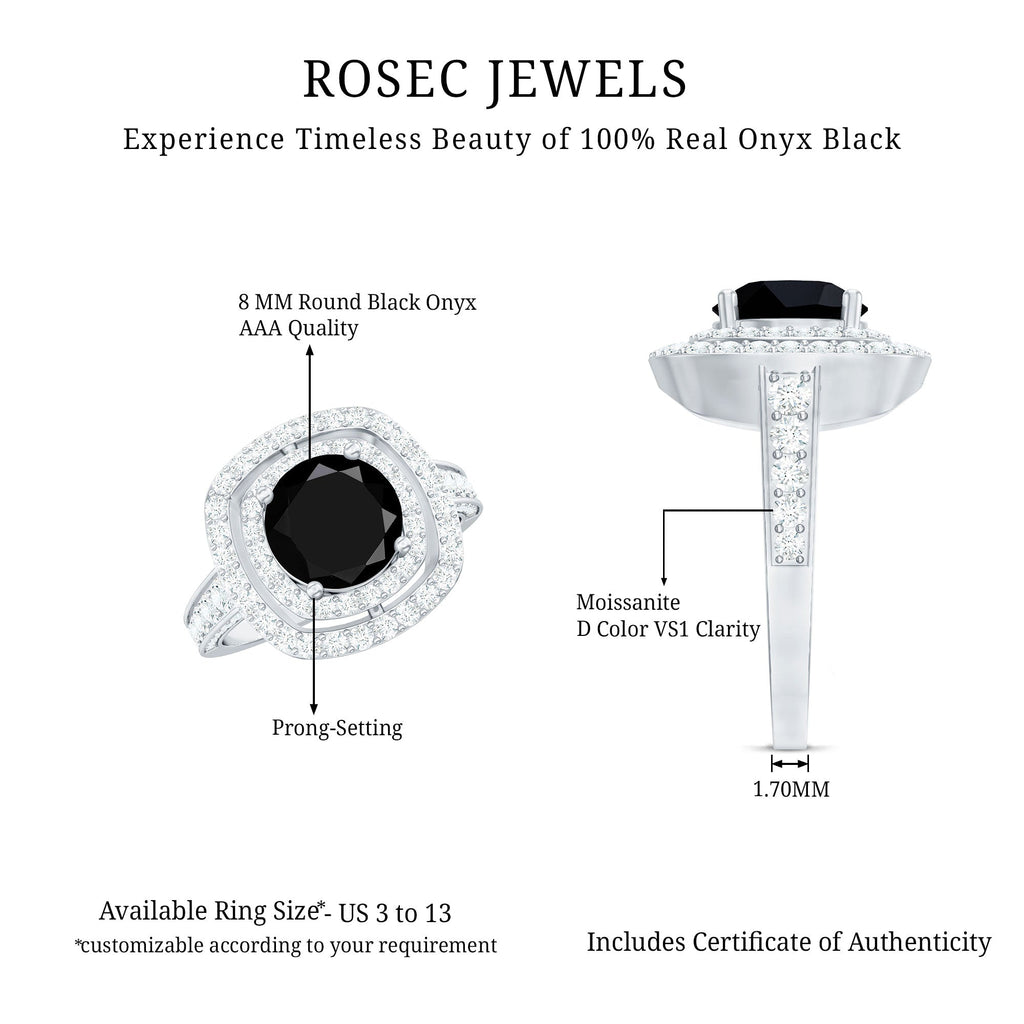 Certified 8mm Black Onyx Statement Engagement Ring with Diamond Double Halo