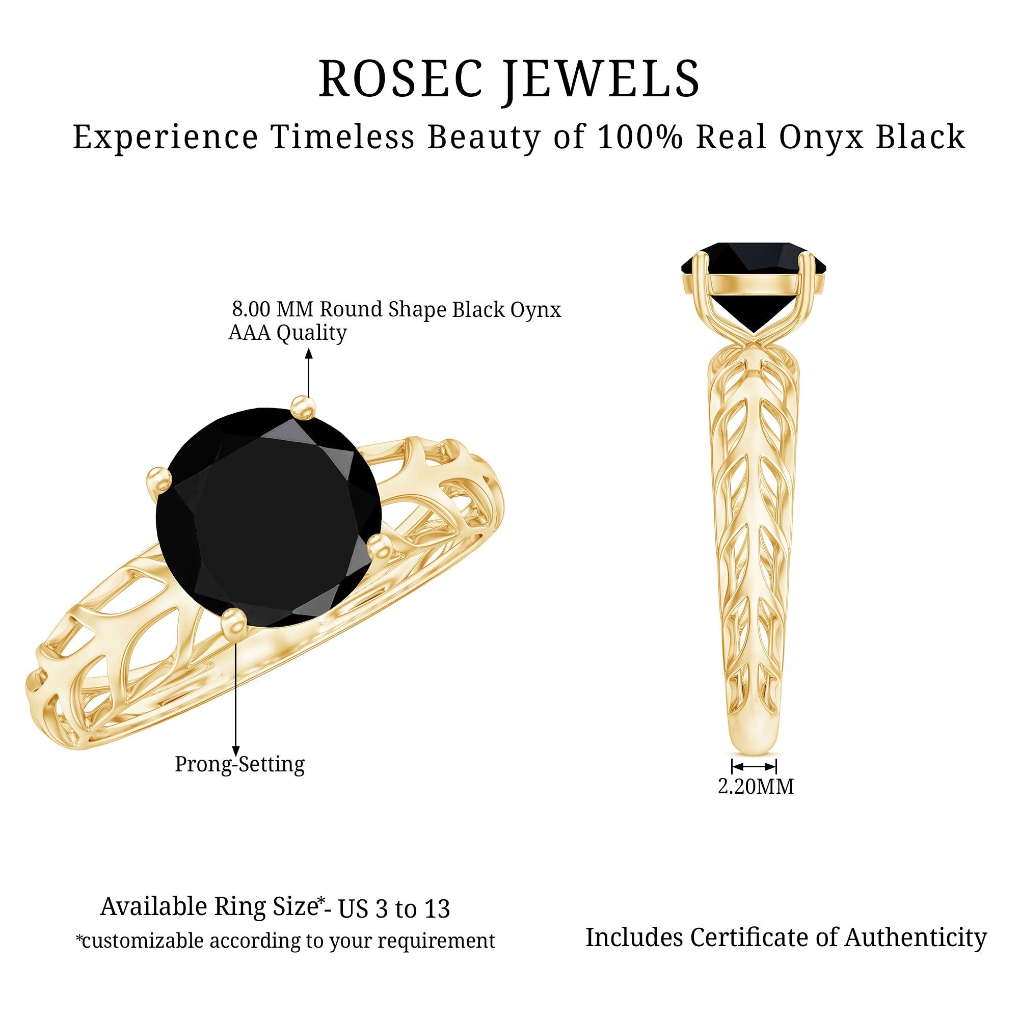 Round Cut Solitaire Black Onyx Engagement Ring with Certificate