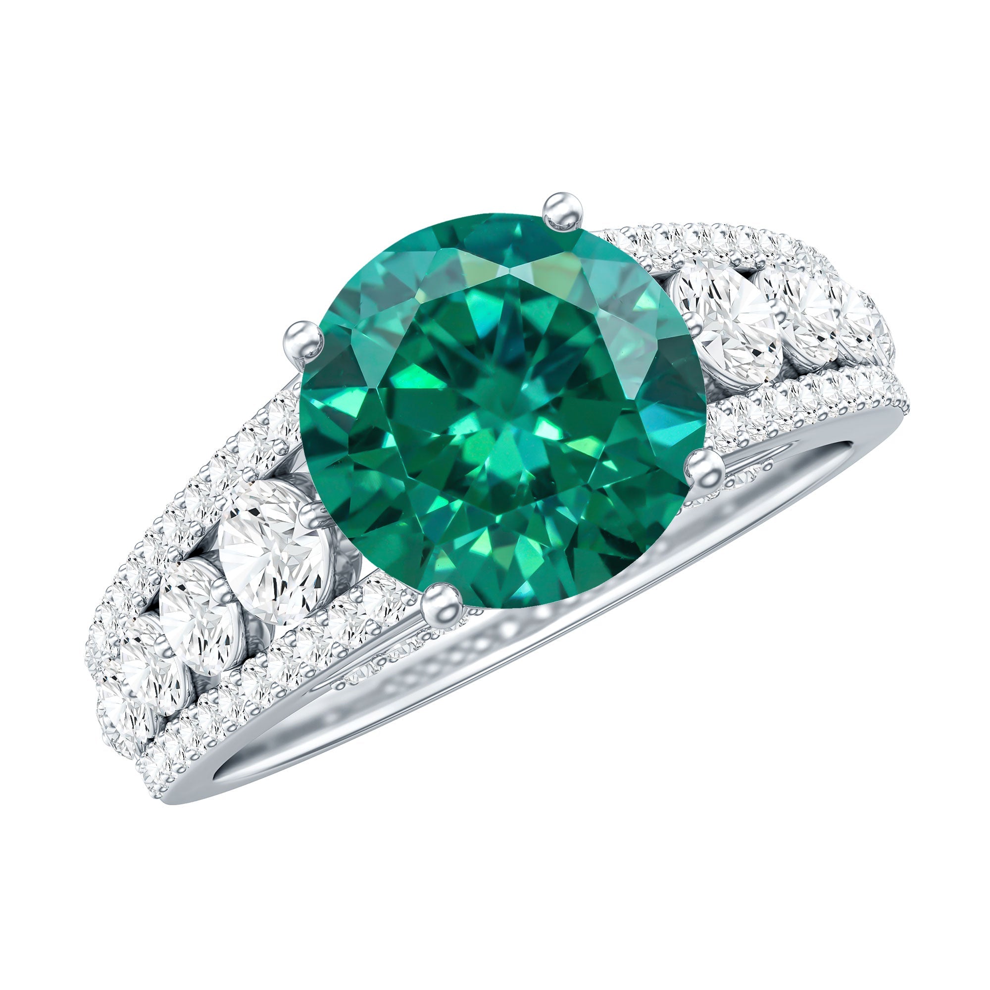 Certified 8 mm Lab Grown Emerald Statement Engagement Ring with Side Stones