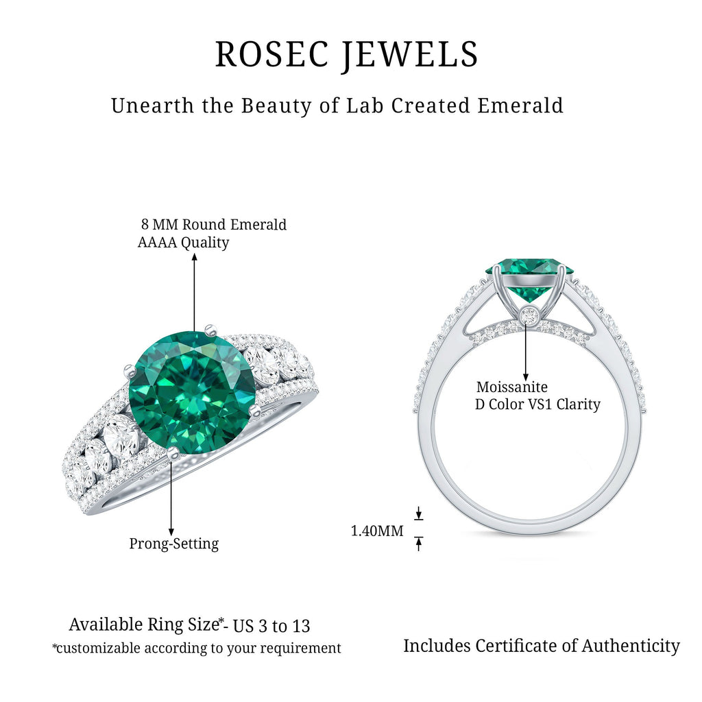 Certified 8 mm Lab Grown Emerald Statement Engagement Ring with Side Stones