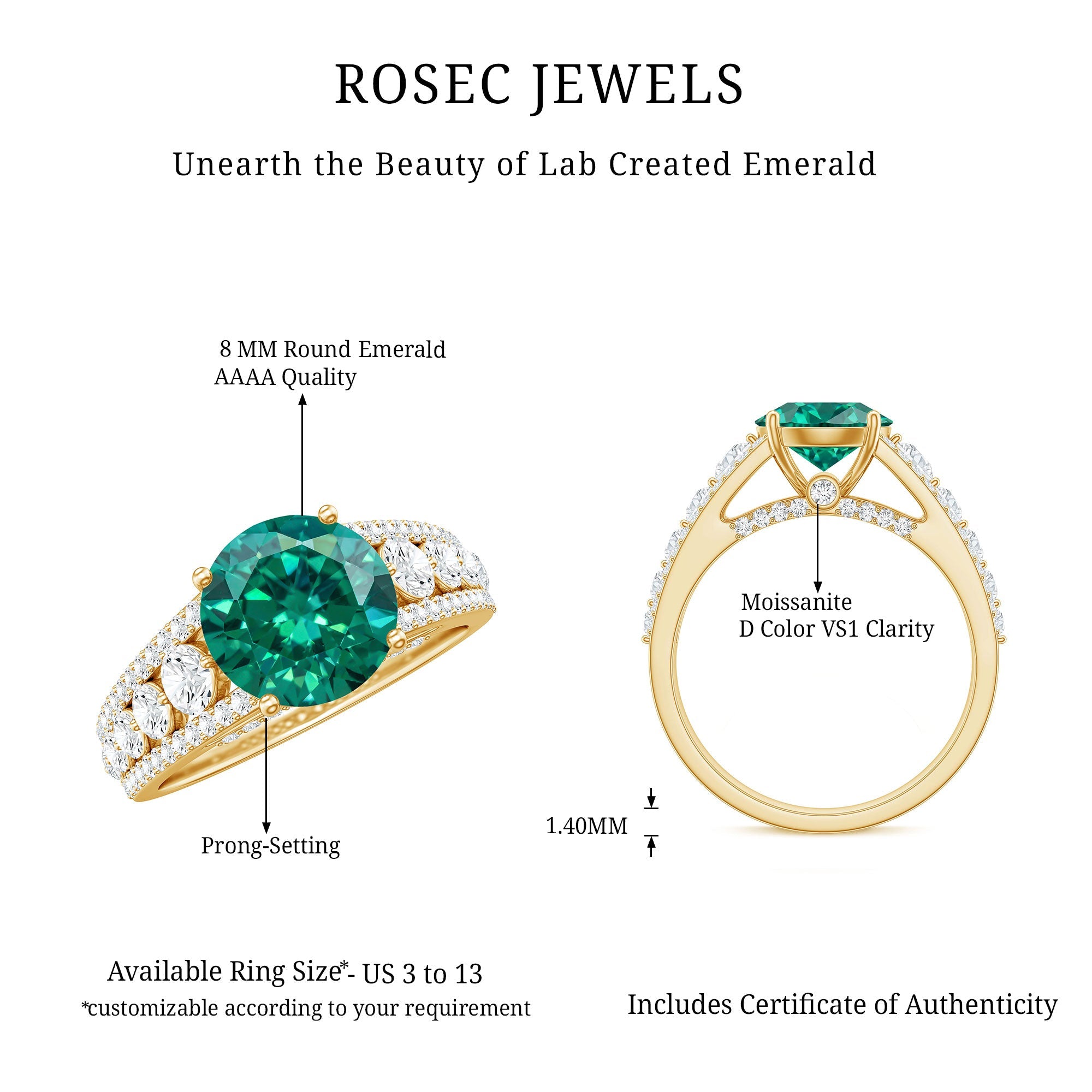 Certified 8 mm Lab Grown Emerald Statement Engagement Ring with Side Stones