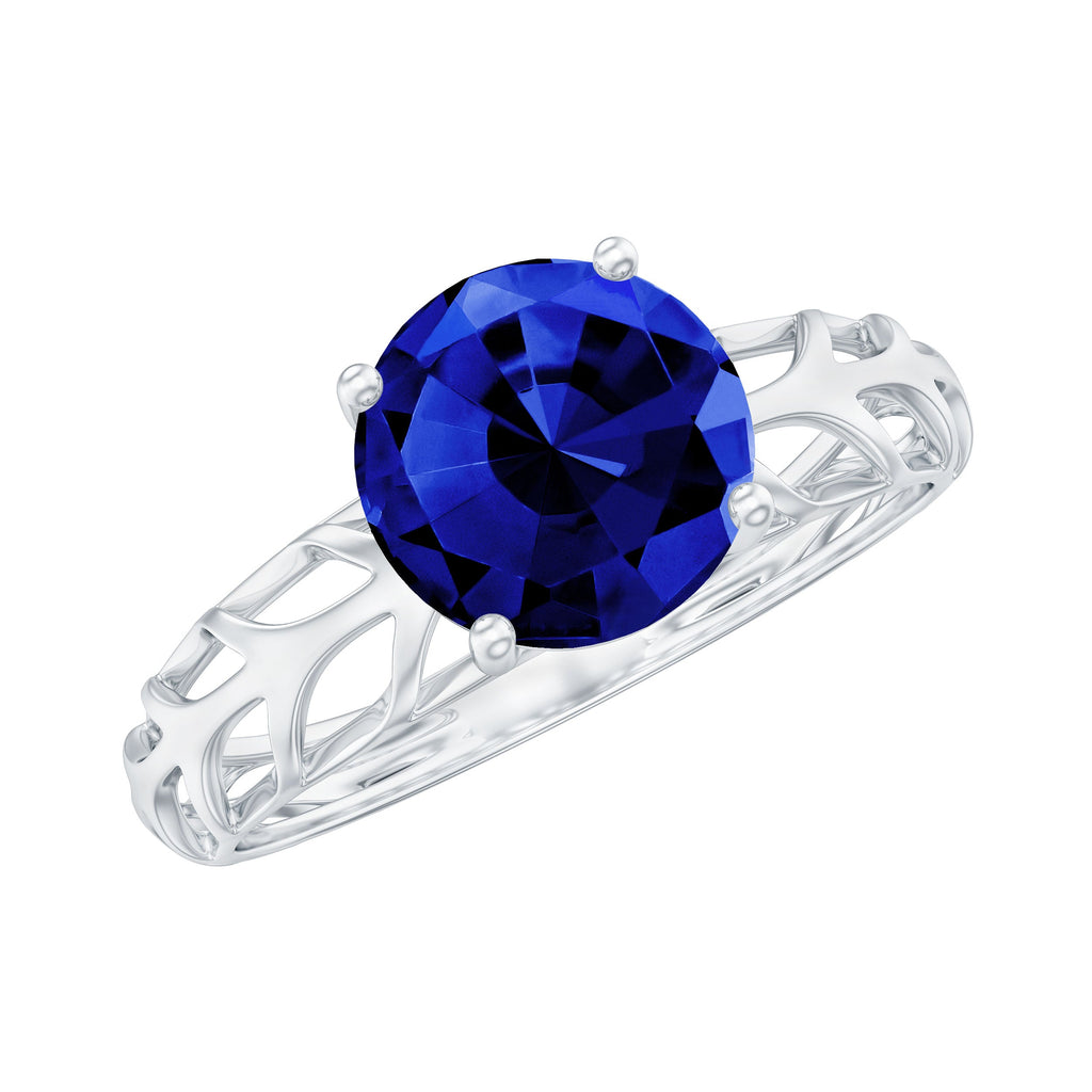 AAAA Quality Lab Created Blue Sapphire Solitaire Ring with Filigree Shank