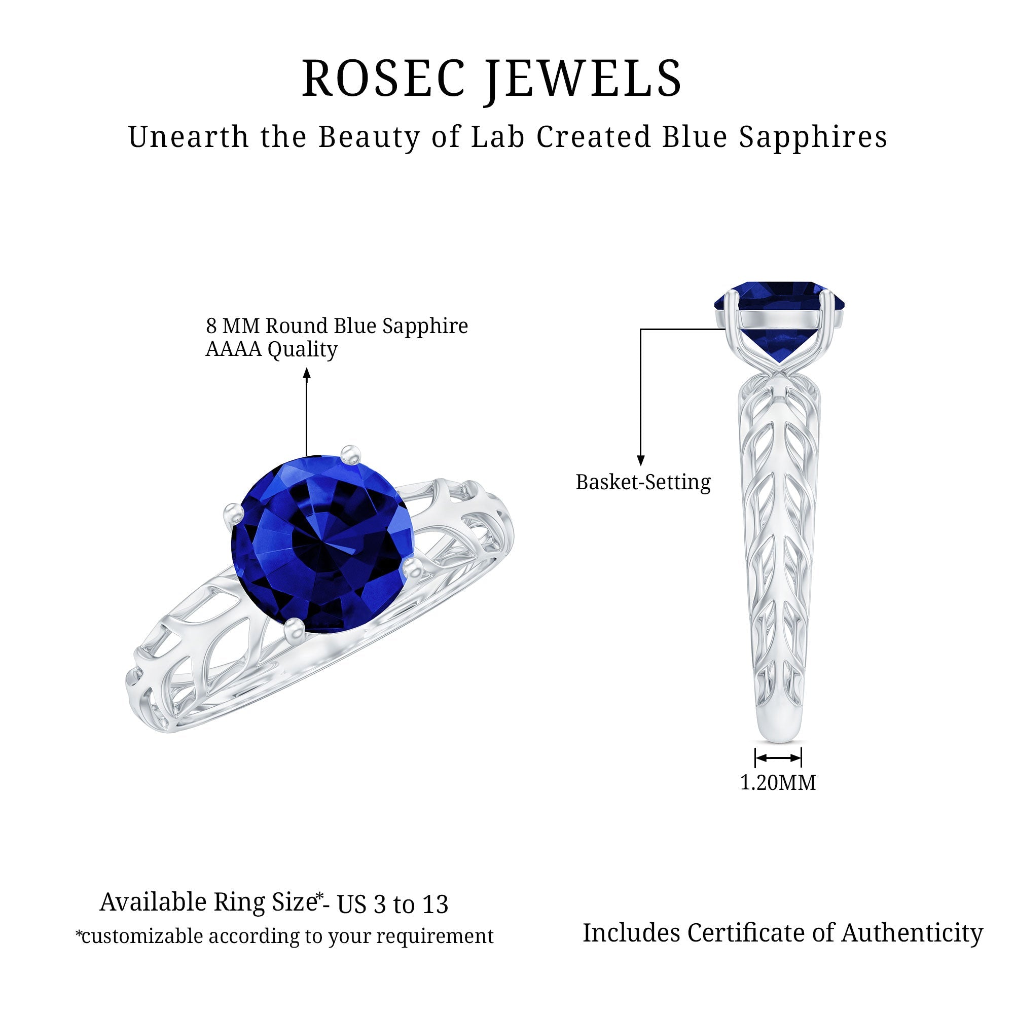 AAAA Quality Lab Created Blue Sapphire Solitaire Ring with Filigree Shank