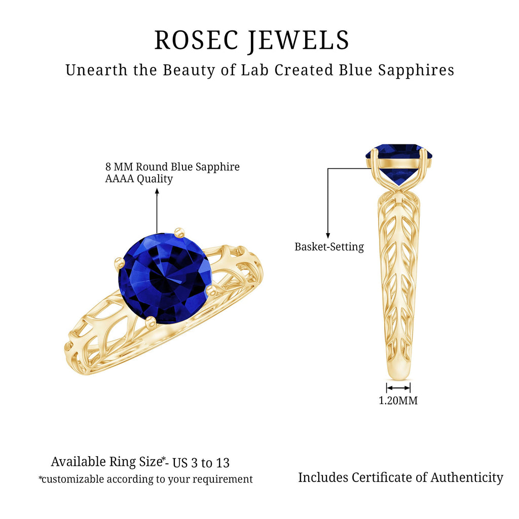 AAAA Quality Lab Created Blue Sapphire Solitaire Ring with Filigree Shank