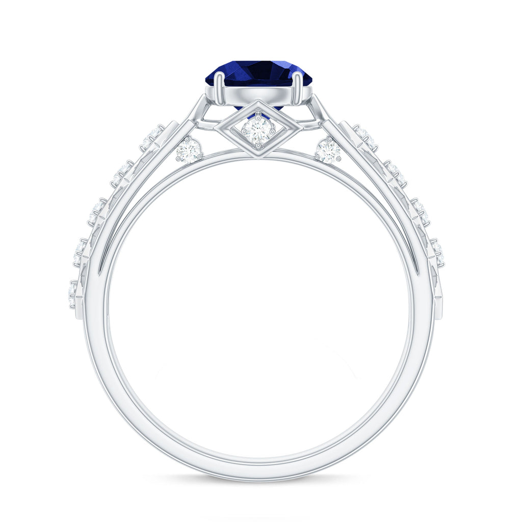 Round Lab Grown Blue Sapphire Solitaire Ring with Diamond