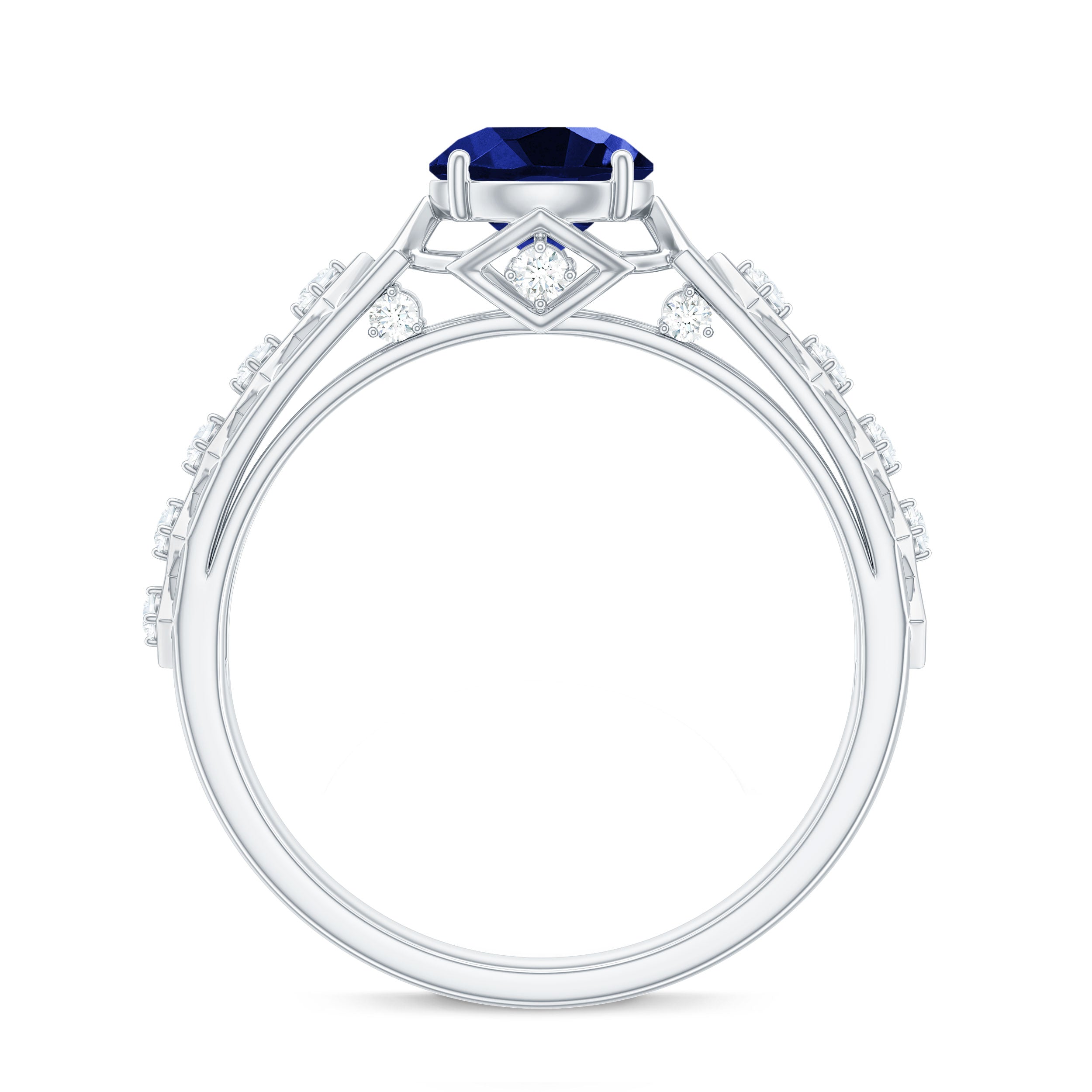 Round Lab Grown Blue Sapphire Solitaire Ring with Diamond