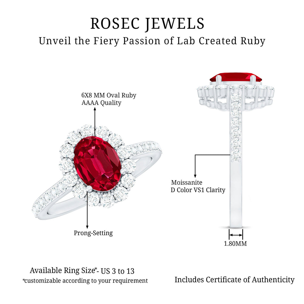 1.5 Carat Oval Cut Created Ruby Engagement Ring with Moissanite Halo