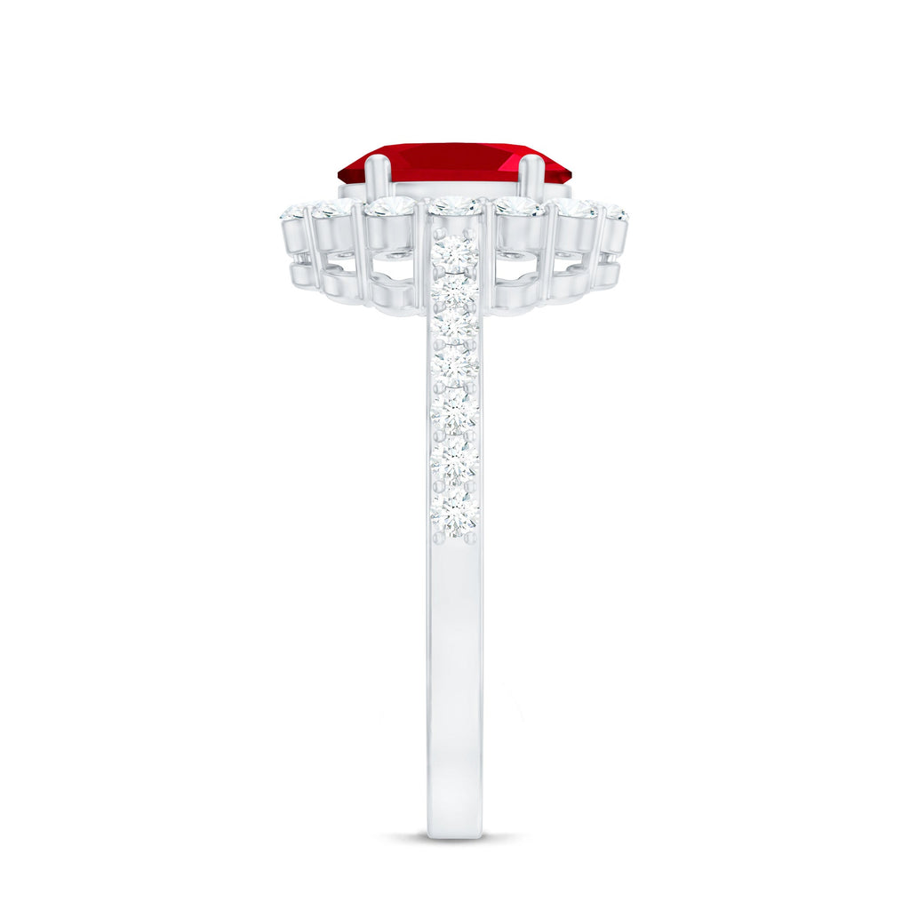 1.5 Carat Oval Cut Created Ruby Engagement Ring with Moissanite Halo