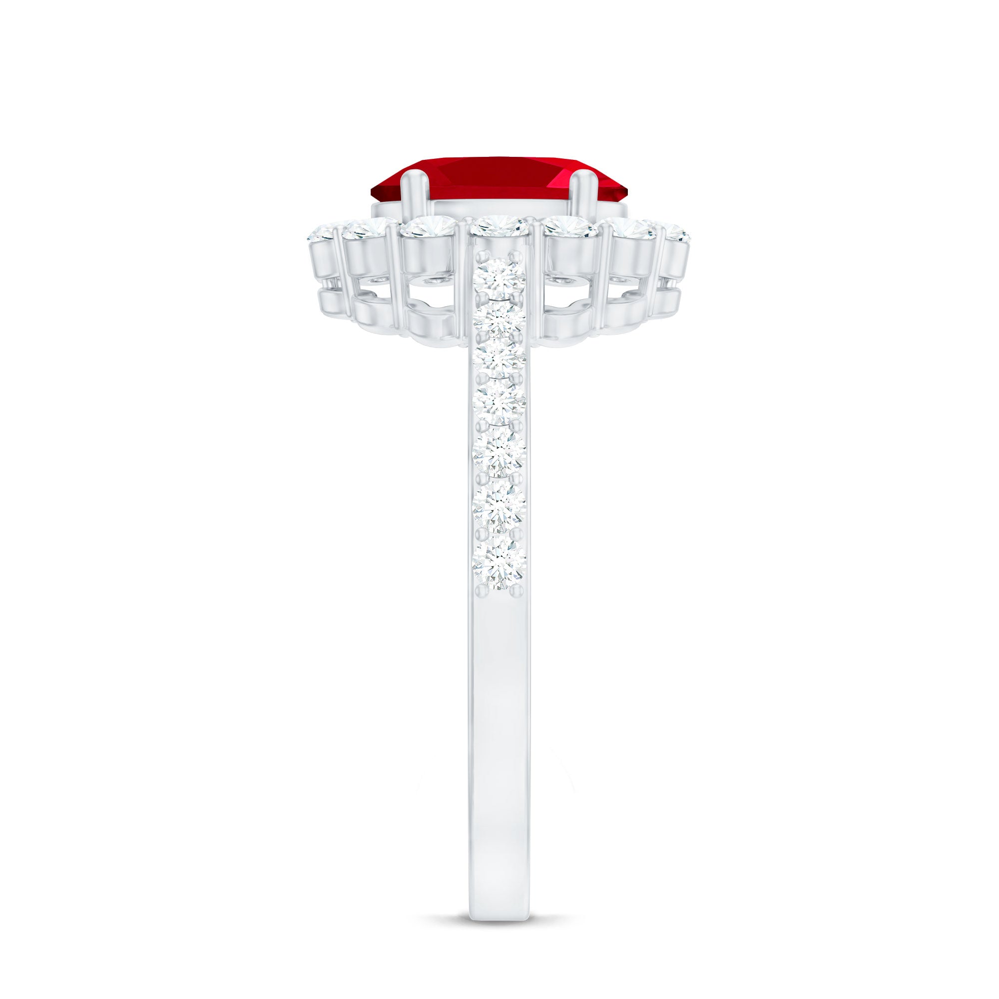 1.5 Carat Oval Cut Created Ruby Engagement Ring with Moissanite Halo