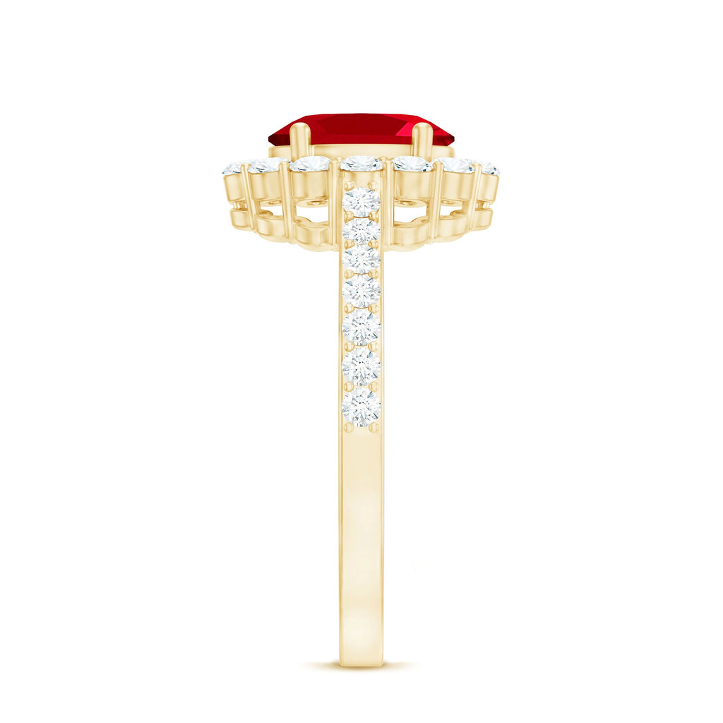 1.5 Carat Oval Cut Created Ruby Engagement Ring with Moissanite Halo