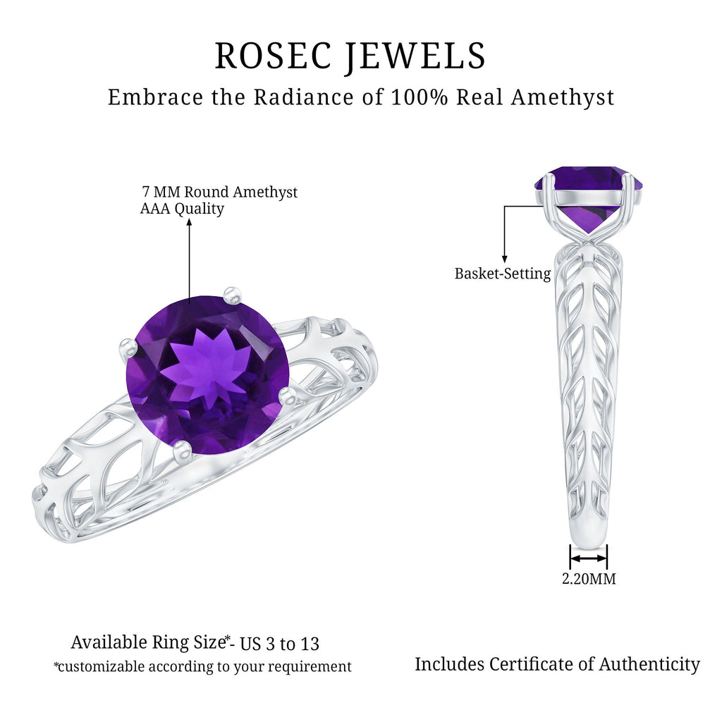 1.2 Carat Round Amethyst Solitaire Engagement Ring with Filigree Details