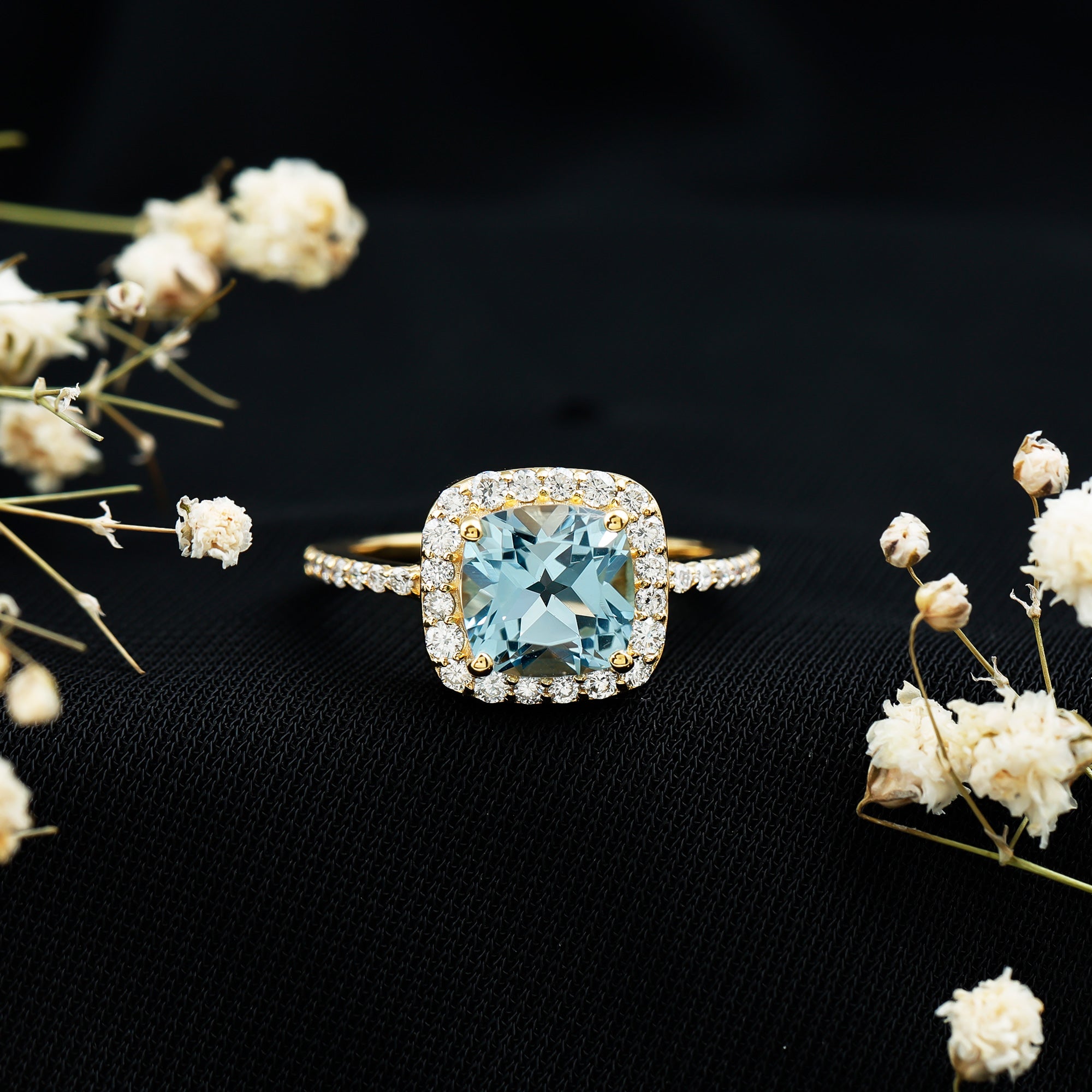 2 Carat Cushion Cut Sky Blue Topaz and Diamond Engagement Ring