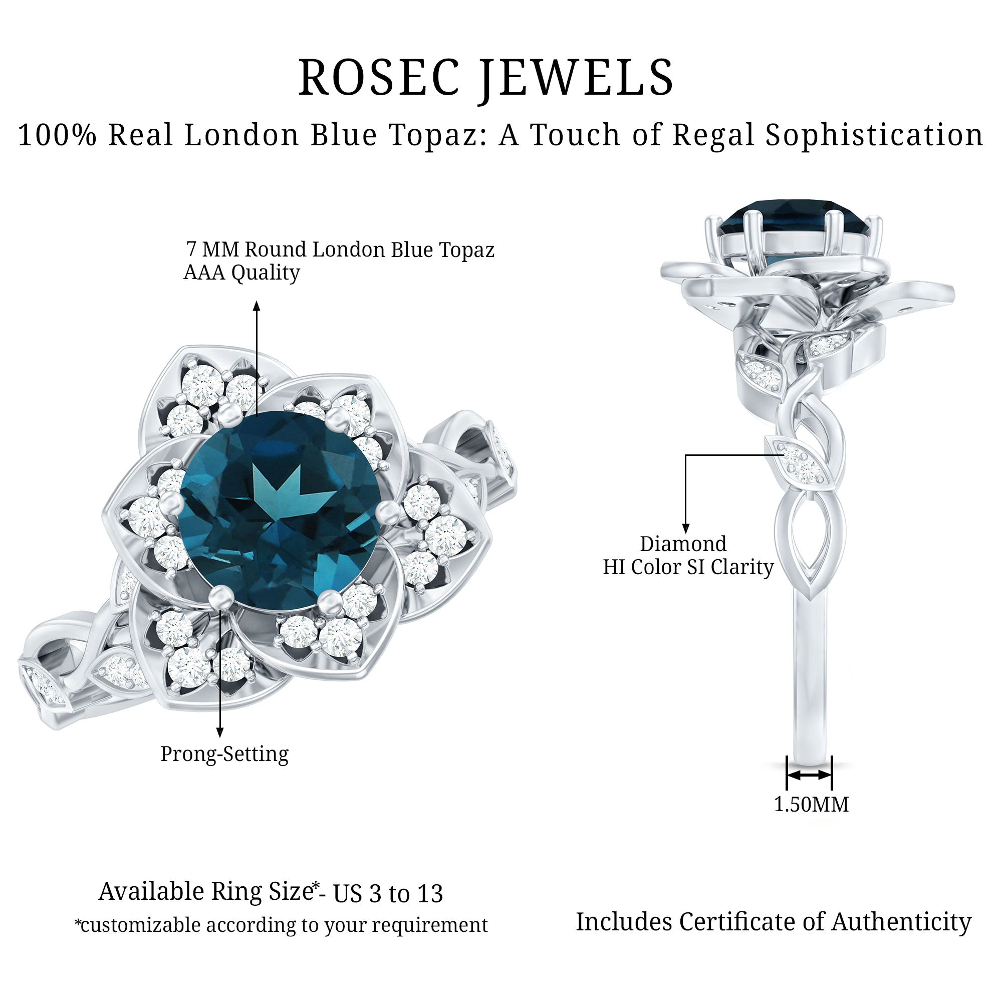 London Blue Topaz and Diamond Cocktail Flower Engagement Ring
