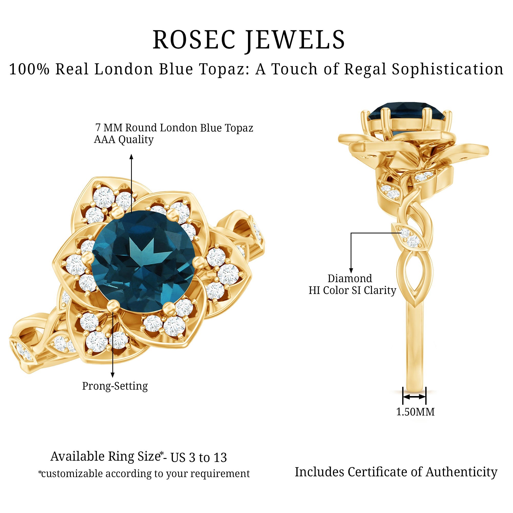 London Blue Topaz and Diamond Cocktail Flower Engagement Ring