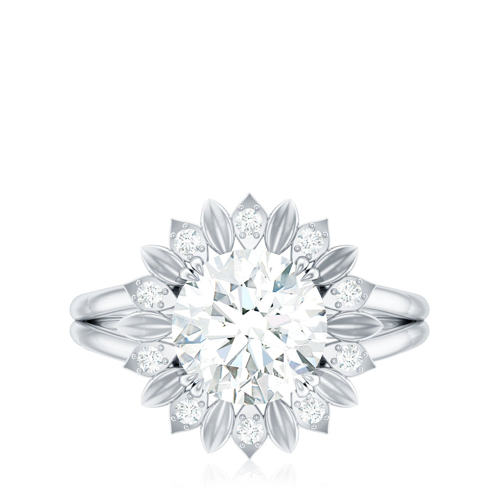 Round Cut Solitaire Zircon Gold Flower Engagement Ring in Split Shank
