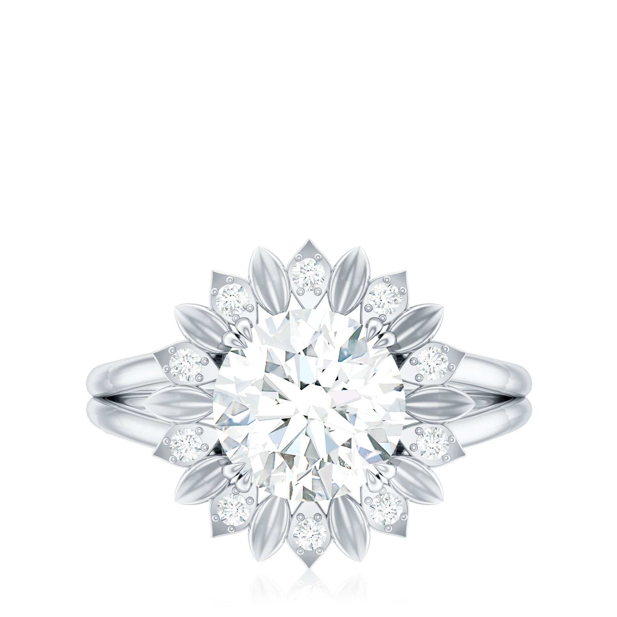 Round Cut Solitaire Zircon Gold Flower Engagement Ring in Split Shank