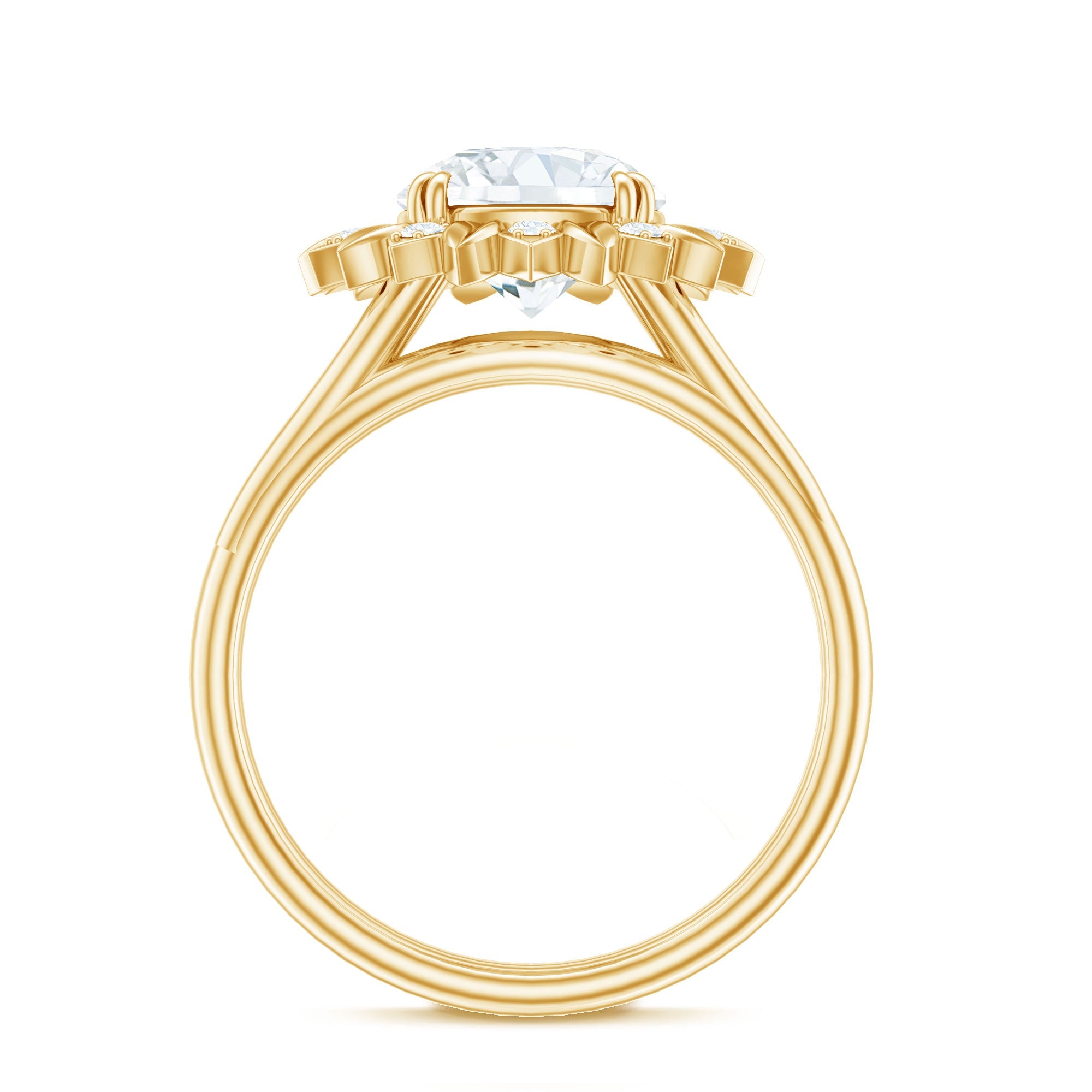 Round Cut Solitaire Zircon Gold Flower Engagement Ring in Split Shank