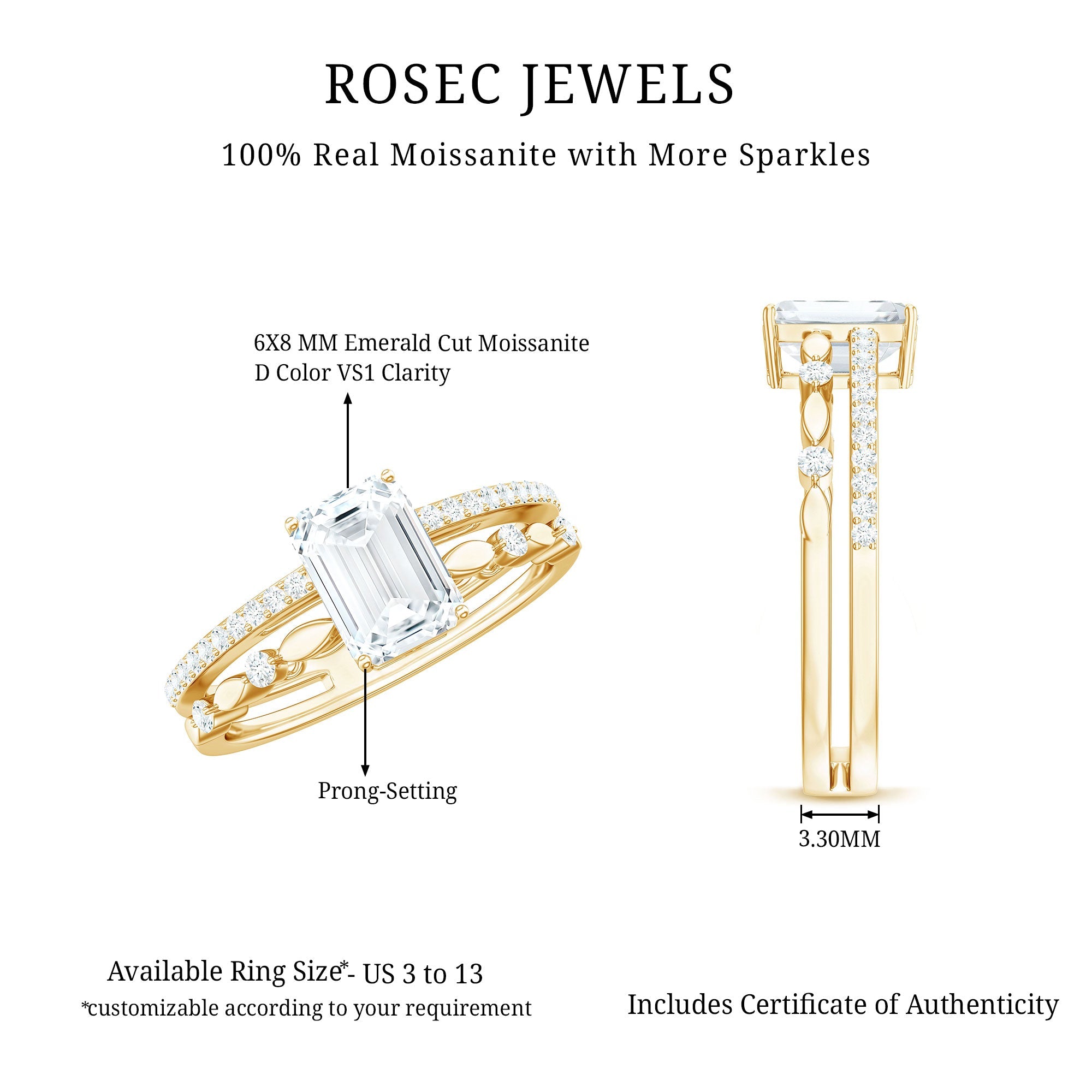 2 Carat Emerald Cut Moissanite Engagement Ring (D-VS1)