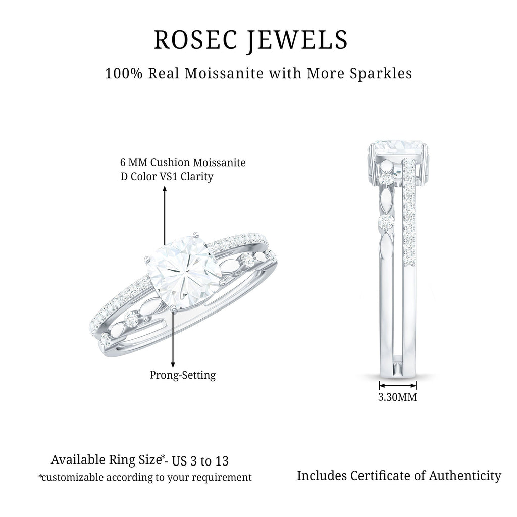 6mm Cushion Cut Moissanite Solitaire Double Band Engagement Ring