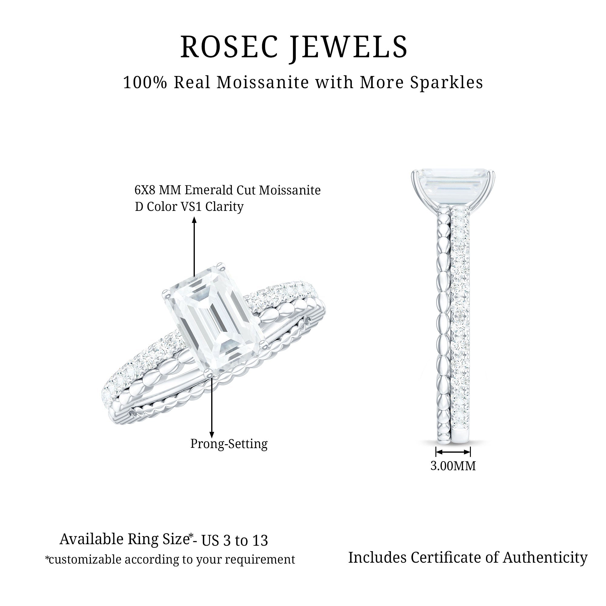 Certified 6X8mm Emerald Cut Moissanite Solitaire Engagement Ring