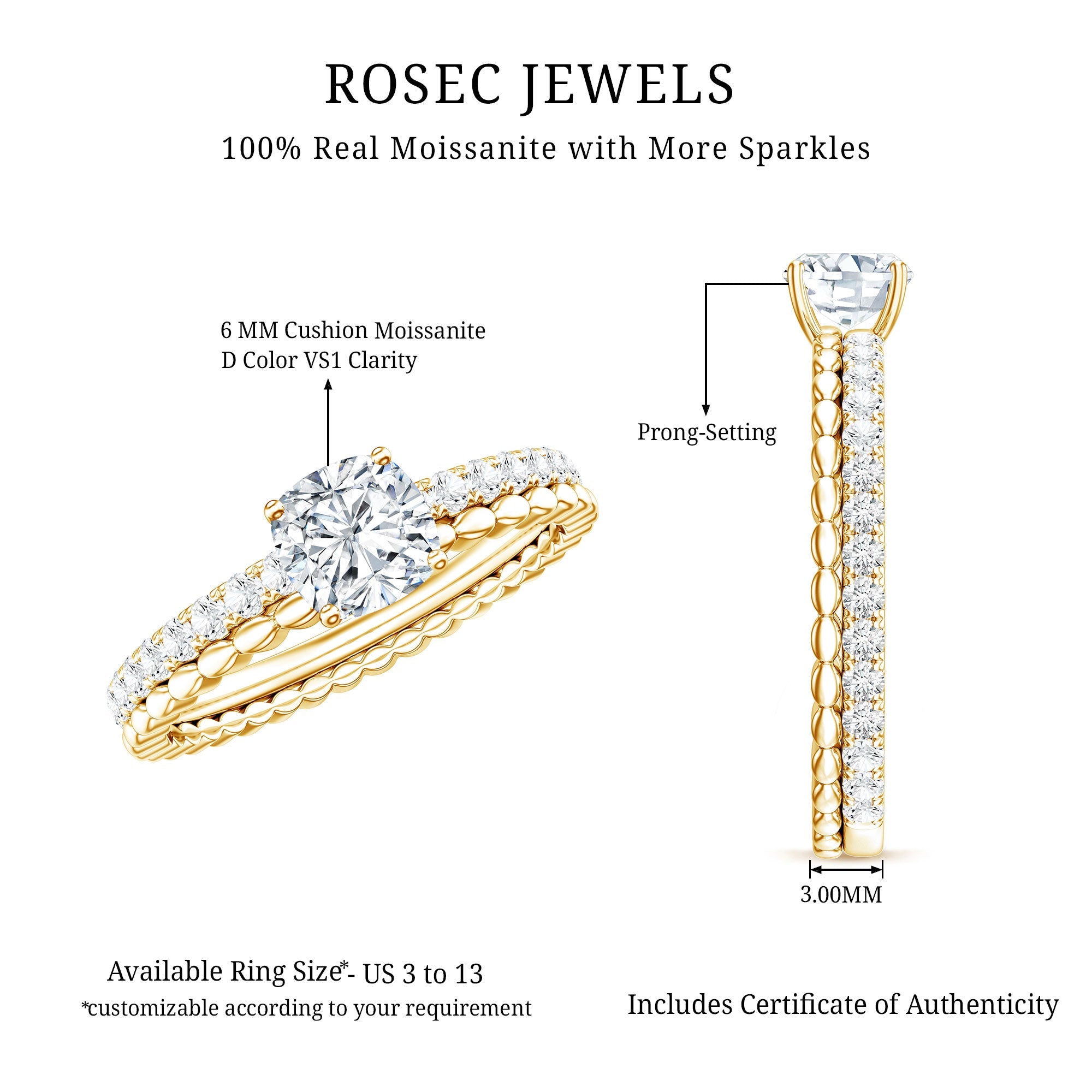 6mm Certified Cushion Cut Moissanite Solitaire Engagement Ring