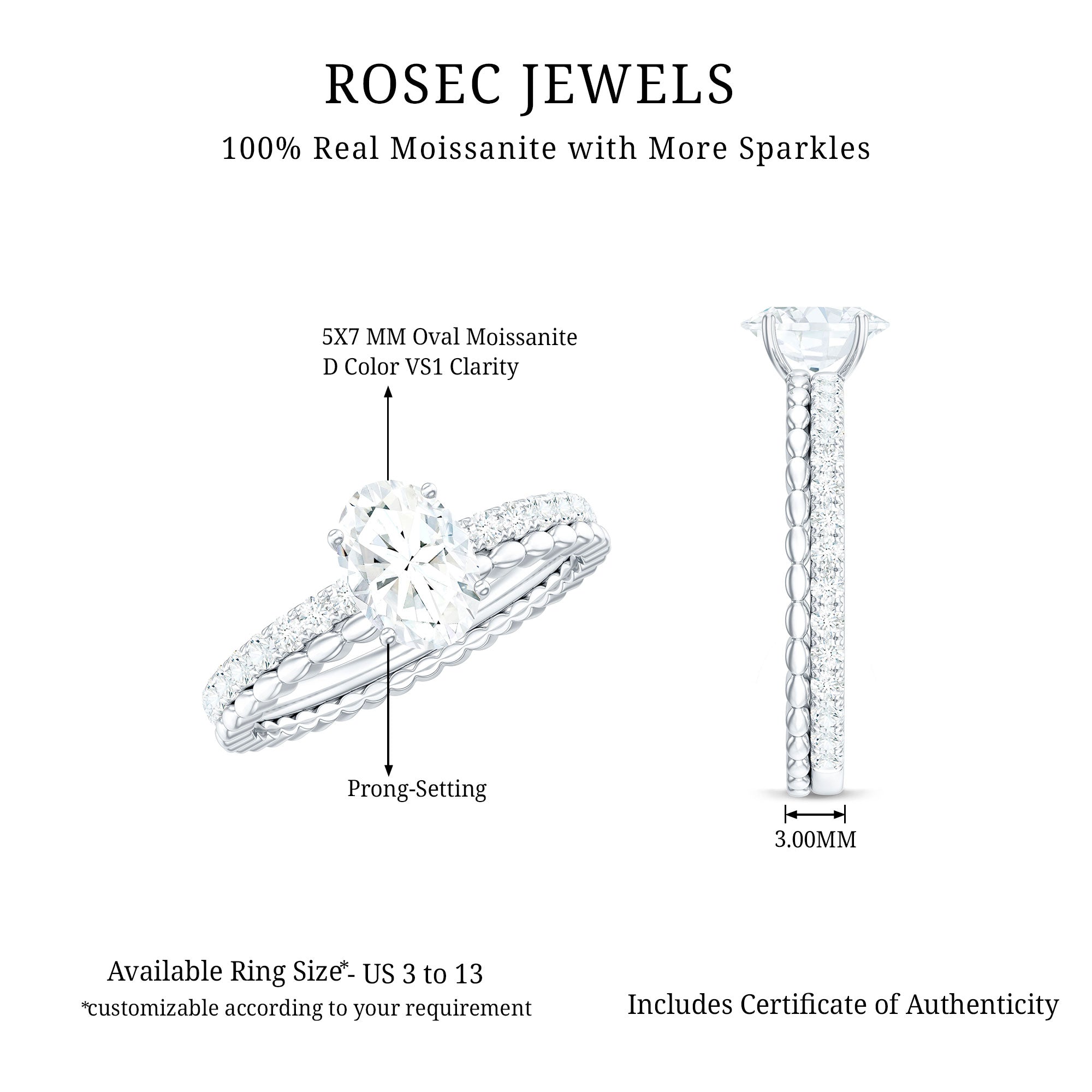 5x7mm Solitaire Moissanite Oblong Engagement Ring