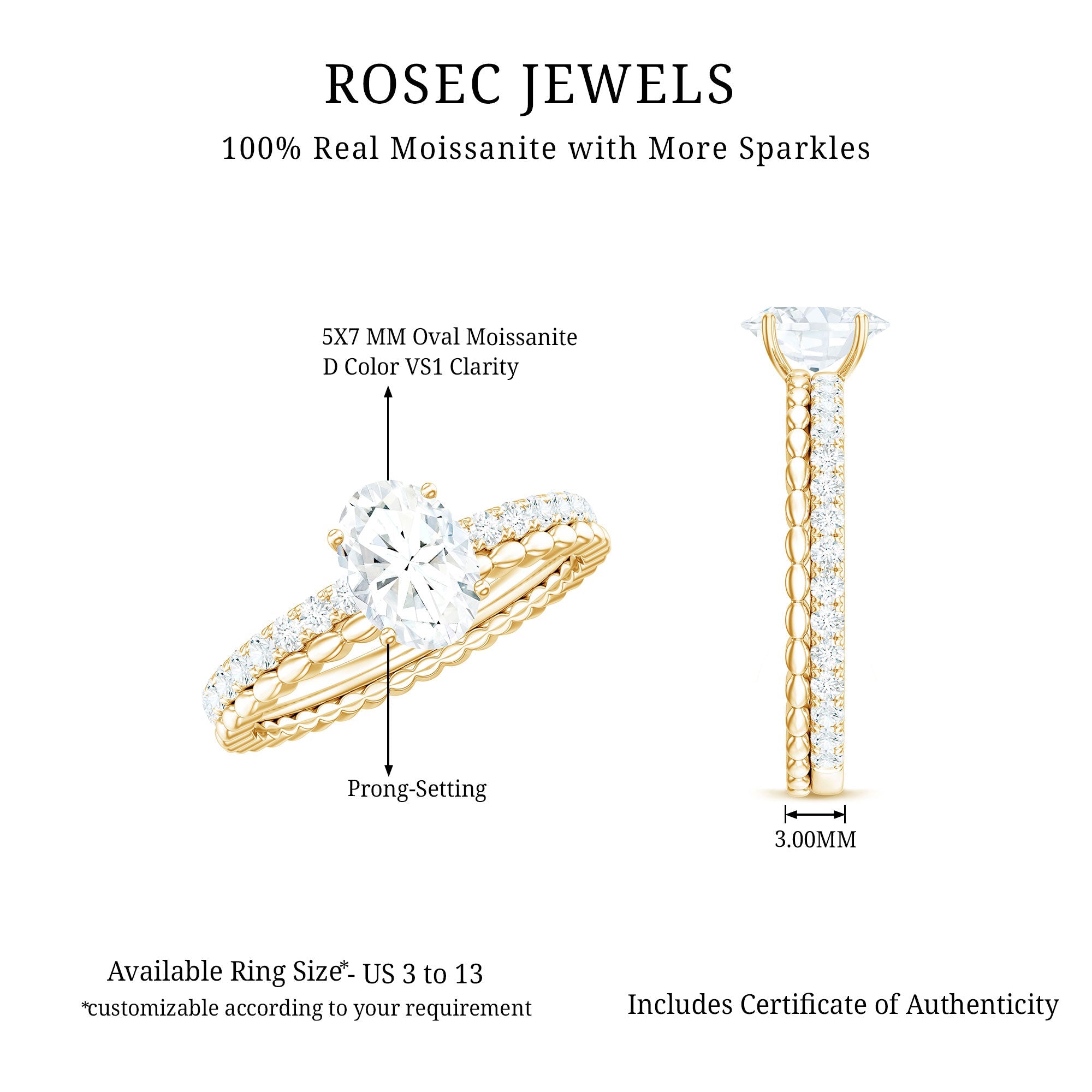 5x7mm Solitaire Moissanite Oblong Engagement Ring