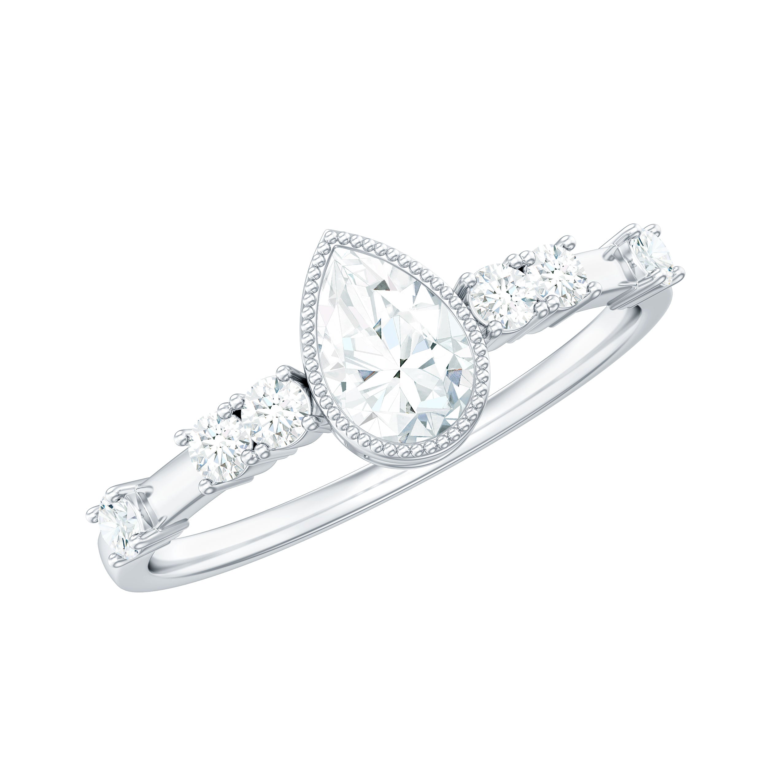 5X7mm Pear Cut Moissanite Solitaire Engagement Ring with Beaded Details