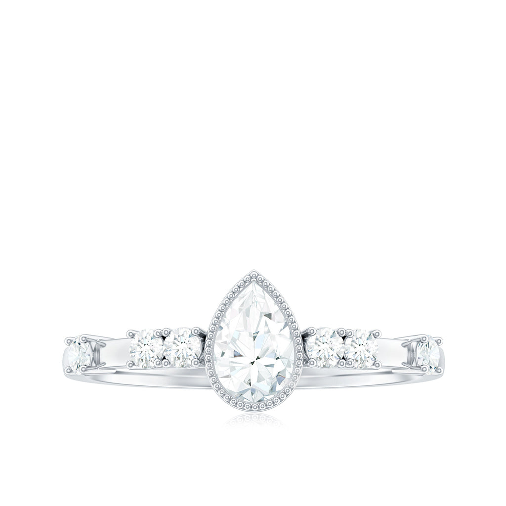 5X7mm Pear Cut Moissanite Solitaire Engagement Ring with Beaded Details
