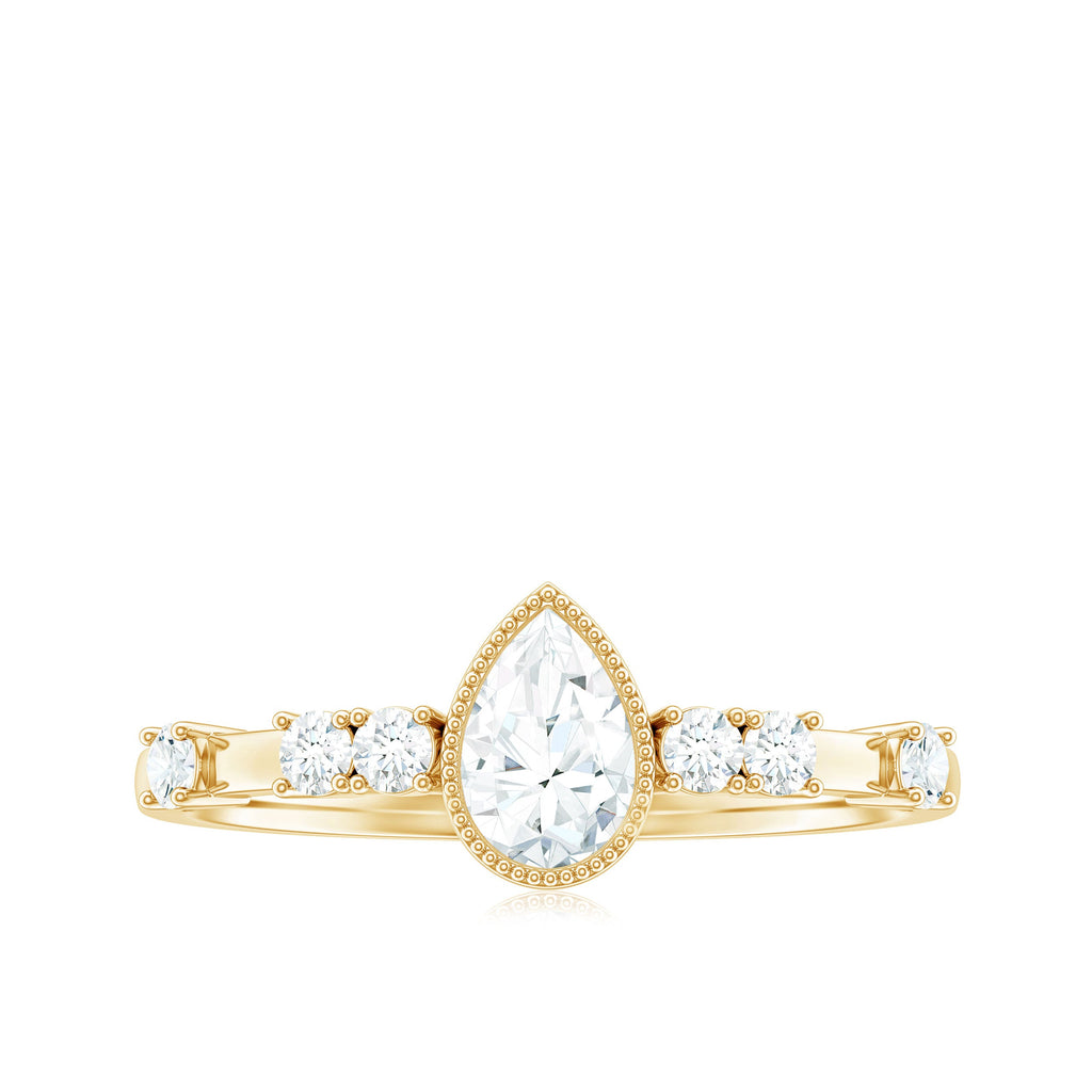 5X7mm Pear Cut Moissanite Solitaire Engagement Ring with Beaded Details