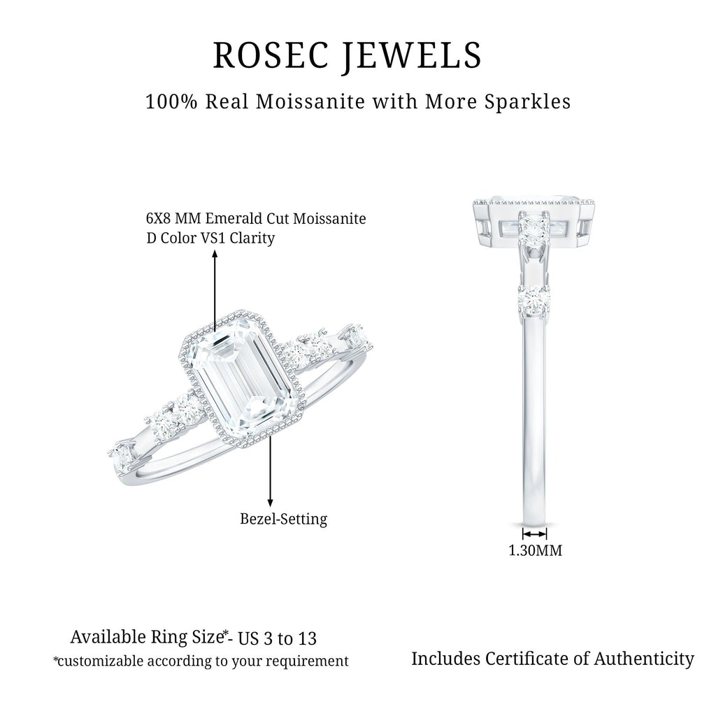 Womens Moissanite 6X8 mm Emerald Cut Engagement Ring in Bezel Setting