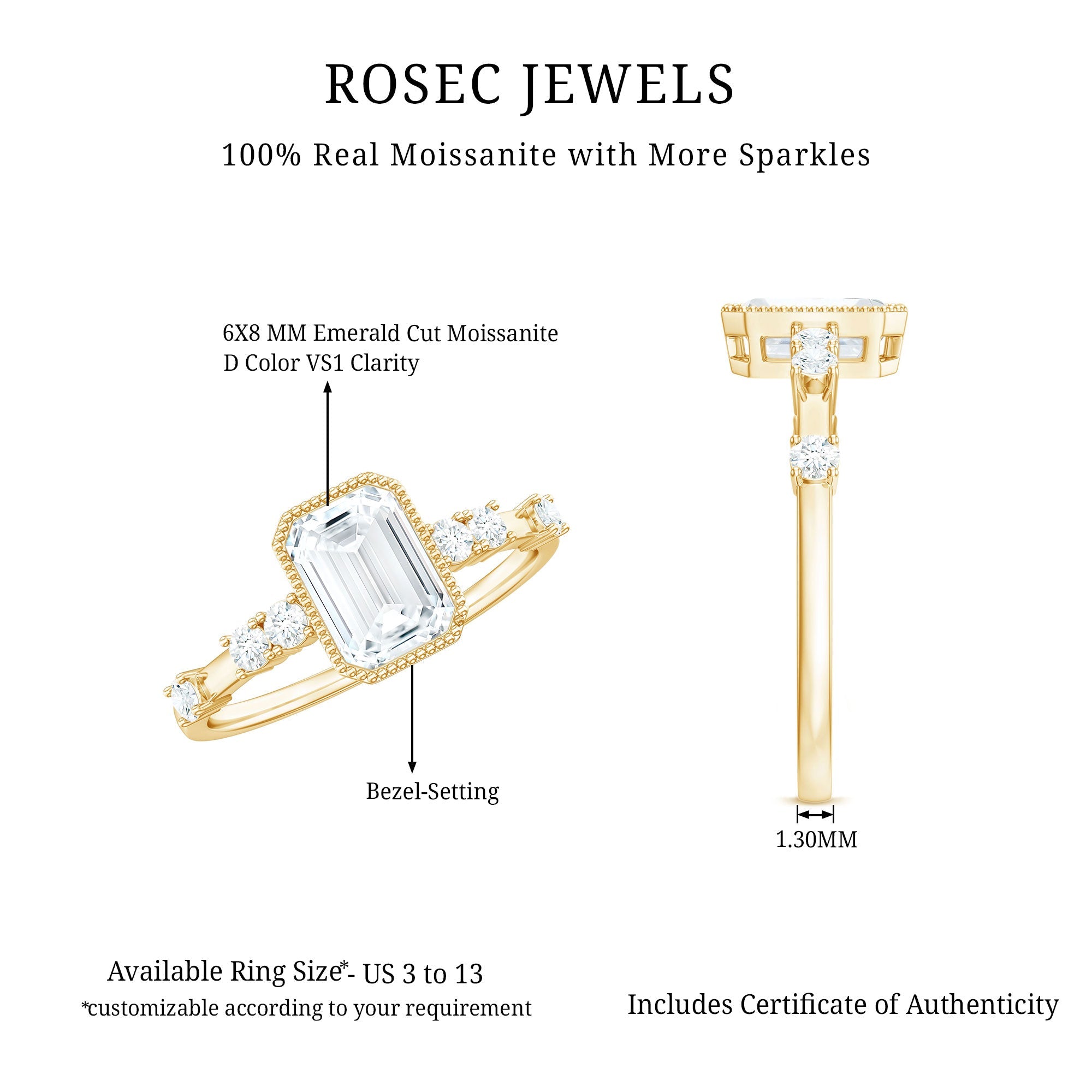 Womens Moissanite 6X8 mm Emerald Cut Engagement Ring in Bezel Setting