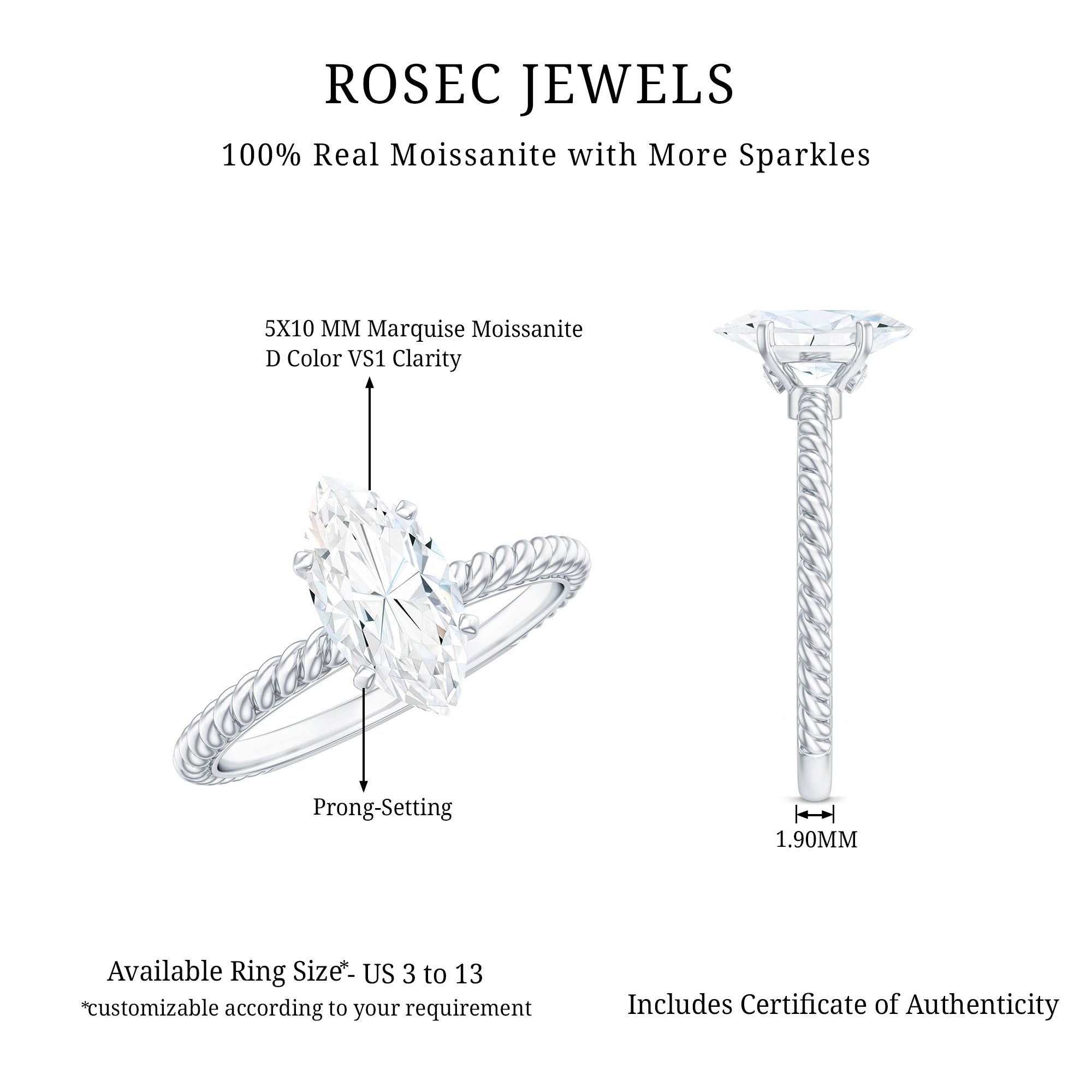 5X10mm Marquise Cut Moissanite Solitaire Engagement Ring with Twisted Rope Shank
