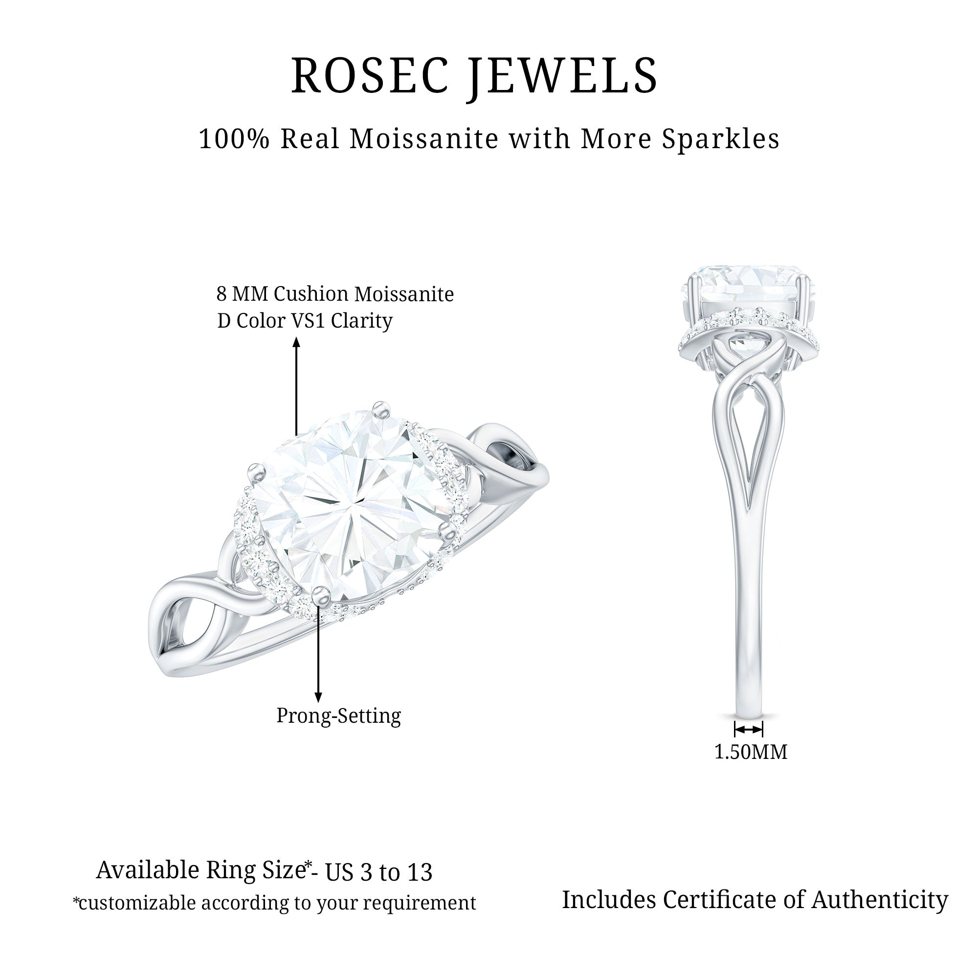 3.25ct Cushion Cut Moissanite Solitaire Engagement Ring with Infinity Shank