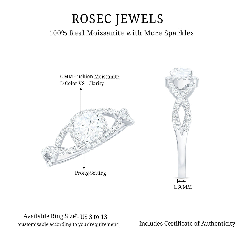 6mm Cushion Cut Moissanite Halo Engagement Ring with Crossover Shank