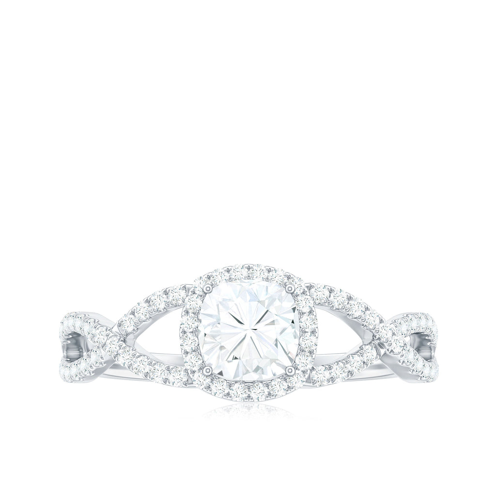 6mm Cushion Cut Moissanite Halo Engagement Ring with Crossover Shank