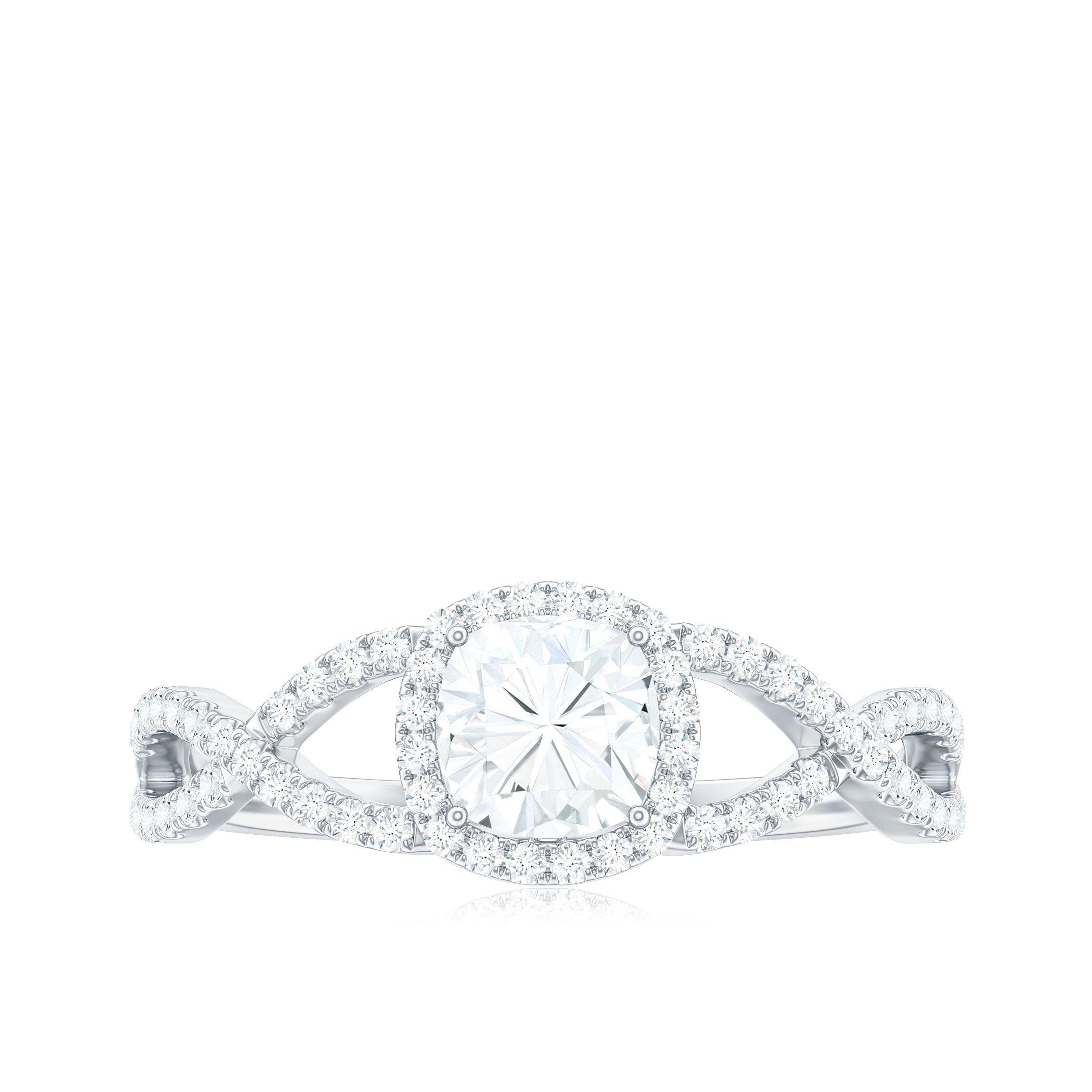 6mm Cushion Cut Moissanite Halo Engagement Ring with Crossover Shank