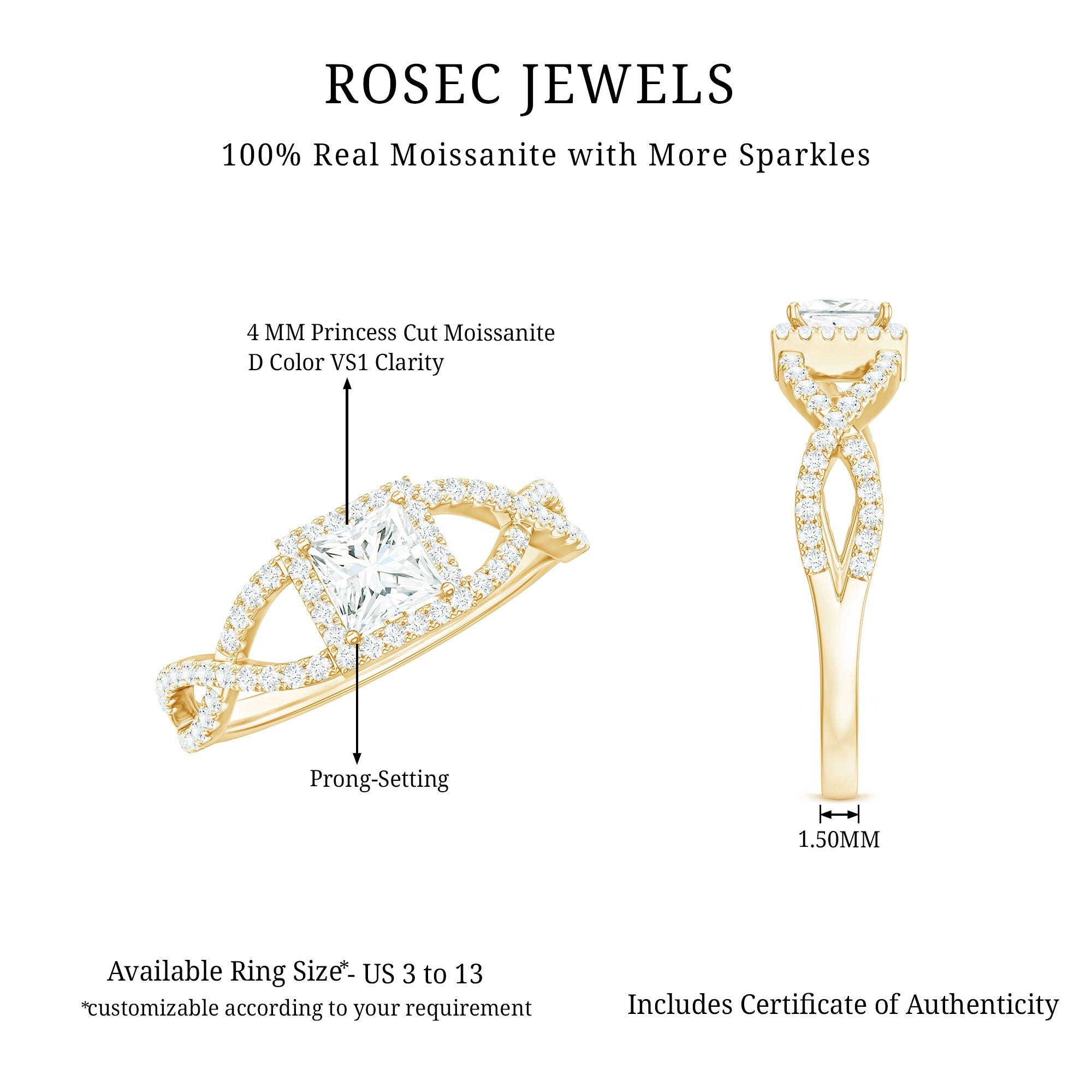 Moissanite 4mm Square Cut Engagement Ring with Crossover Shank