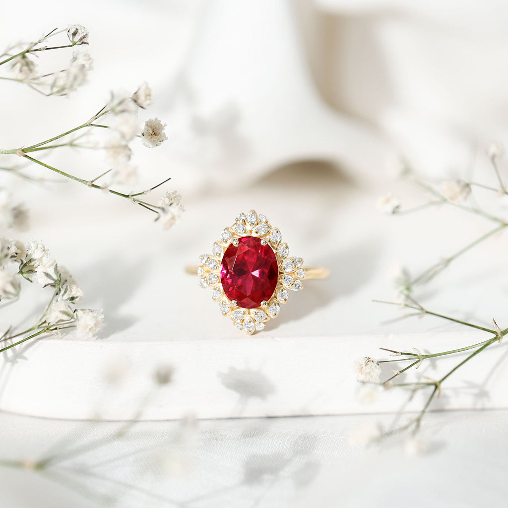 Vintage Inspired Lab Grown Ruby and Diamond Engagement Ring