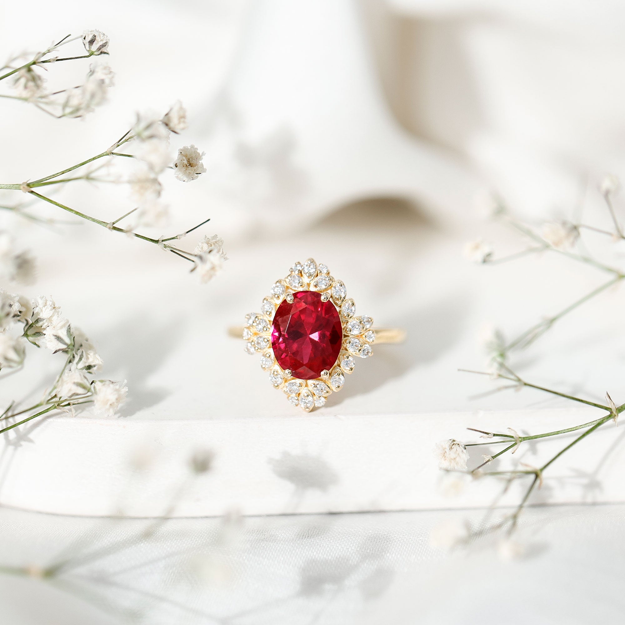 Vintage Inspired Lab Grown Ruby and Diamond Engagement Ring