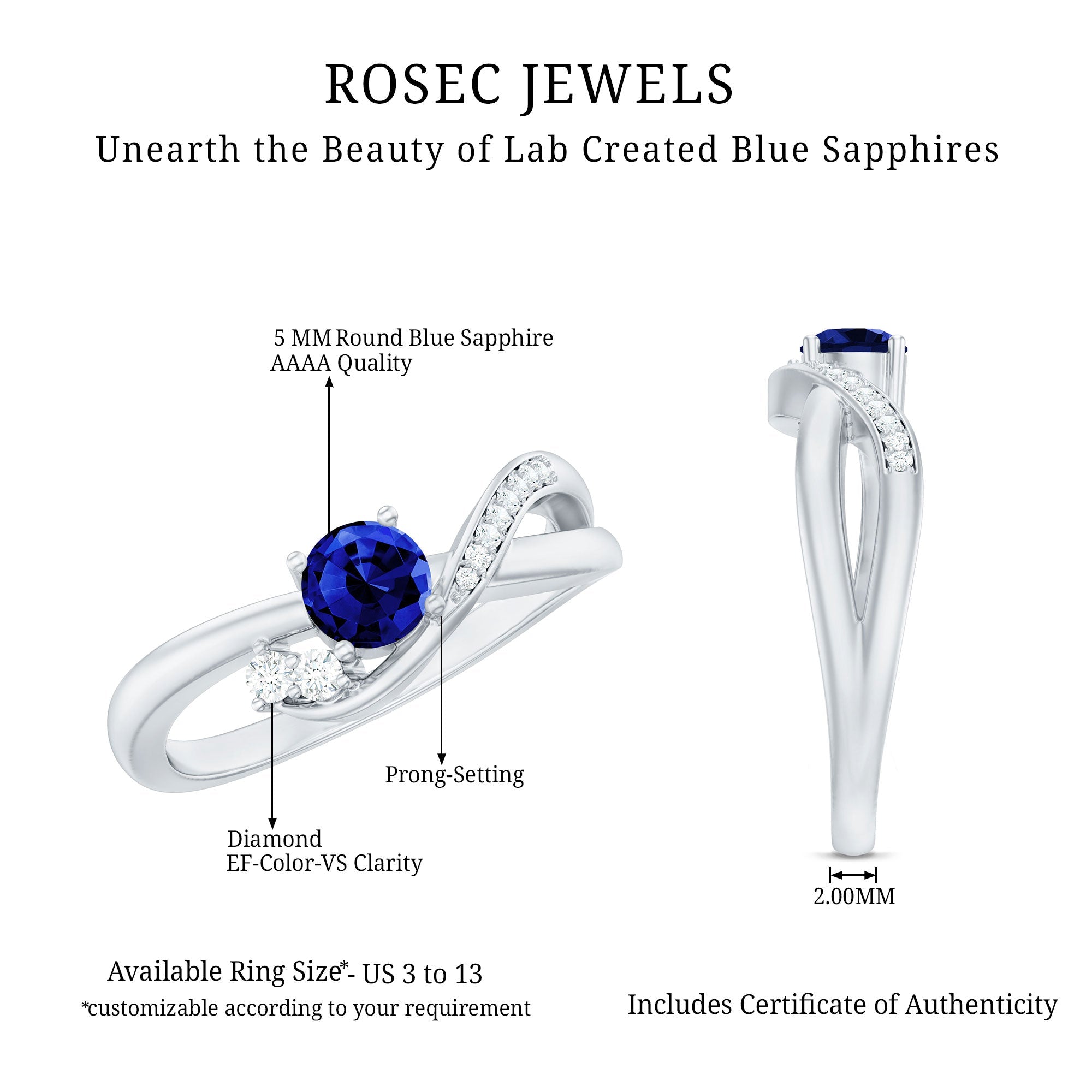 Certified 0.6 Carat Lab Grown Blue Sapphire Diamond Promise Ring for Women