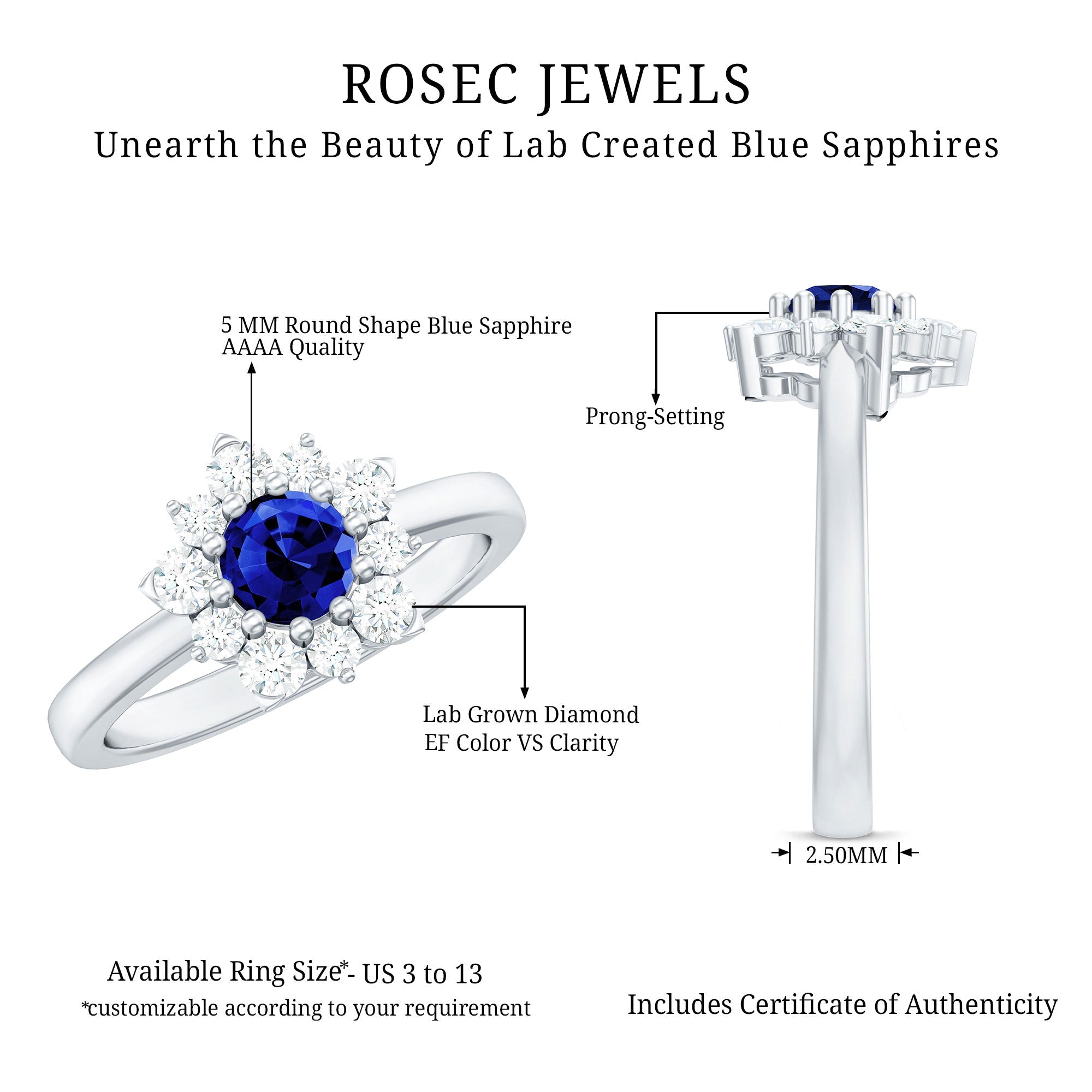 Natural Inspired 0.6 Carat Lab Grown Blue Sapphire Engagement Ring with Diamond Halo