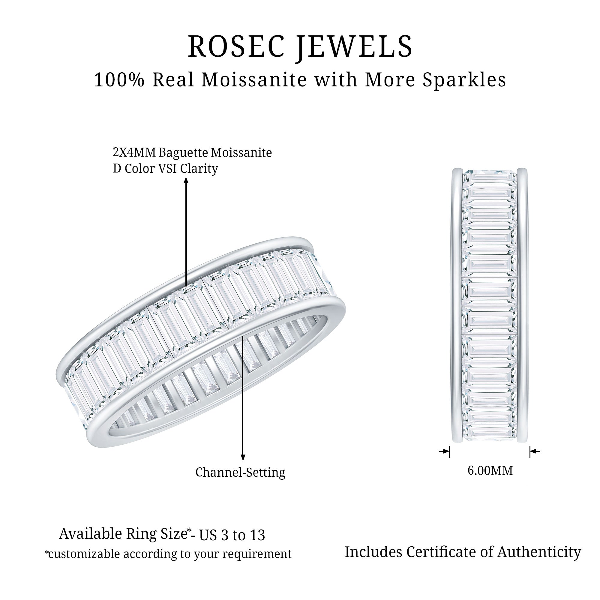 3.66 Carat Baguette Cut Moissanite Wedding Band Channel Setting