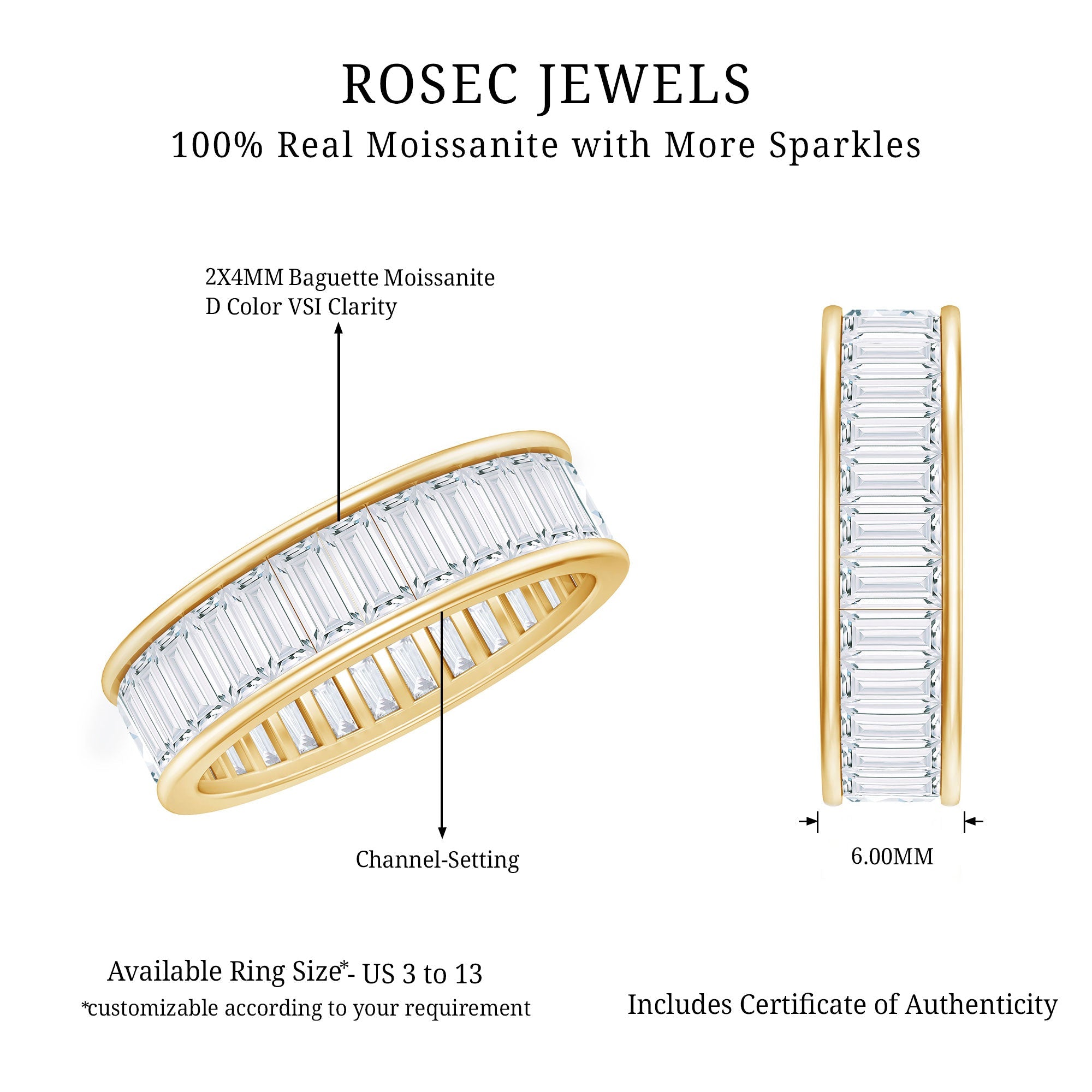 3.66 Carat Baguette Cut Moissanite Wedding Band Channel Setting