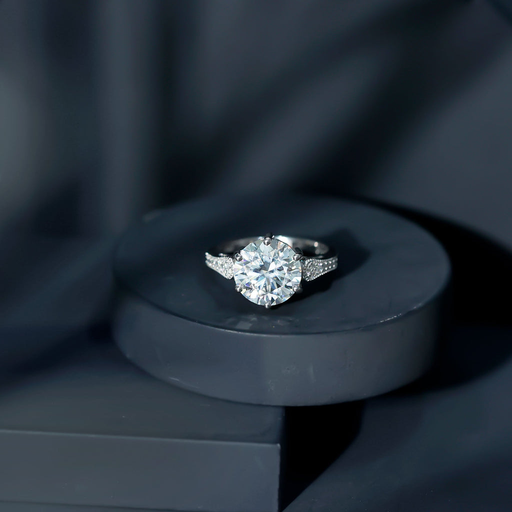 Certified 4.4 Carat Moissanite Round Engagement Ring in Silver