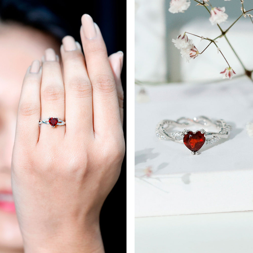 Real 1 Carat Garnet Heart Engagement Ring with Moissanite Braided Shank