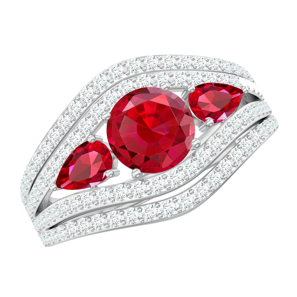 Designer Lab Created Ruby 3 Stone Engagement Ring With Moissanite