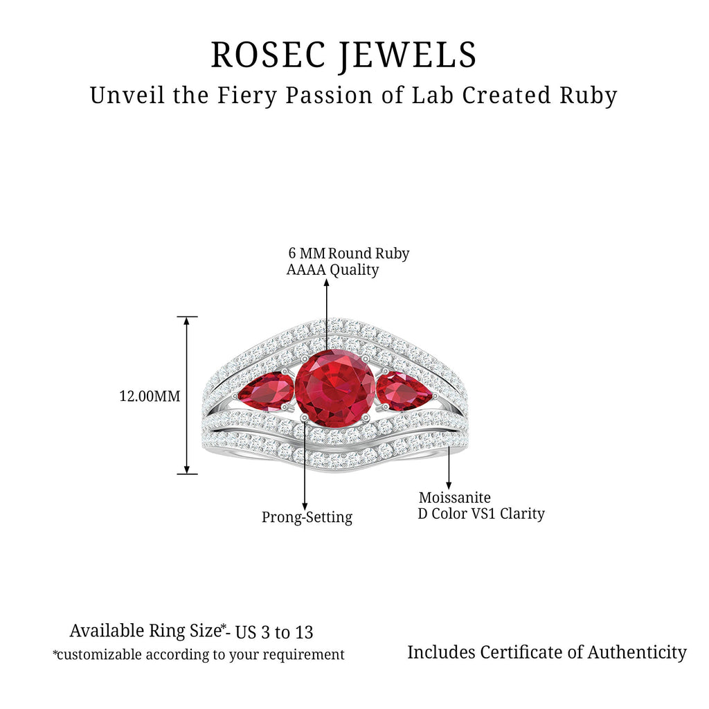 Designer Lab Created Ruby 3 Stone Engagement Ring With Moissanite