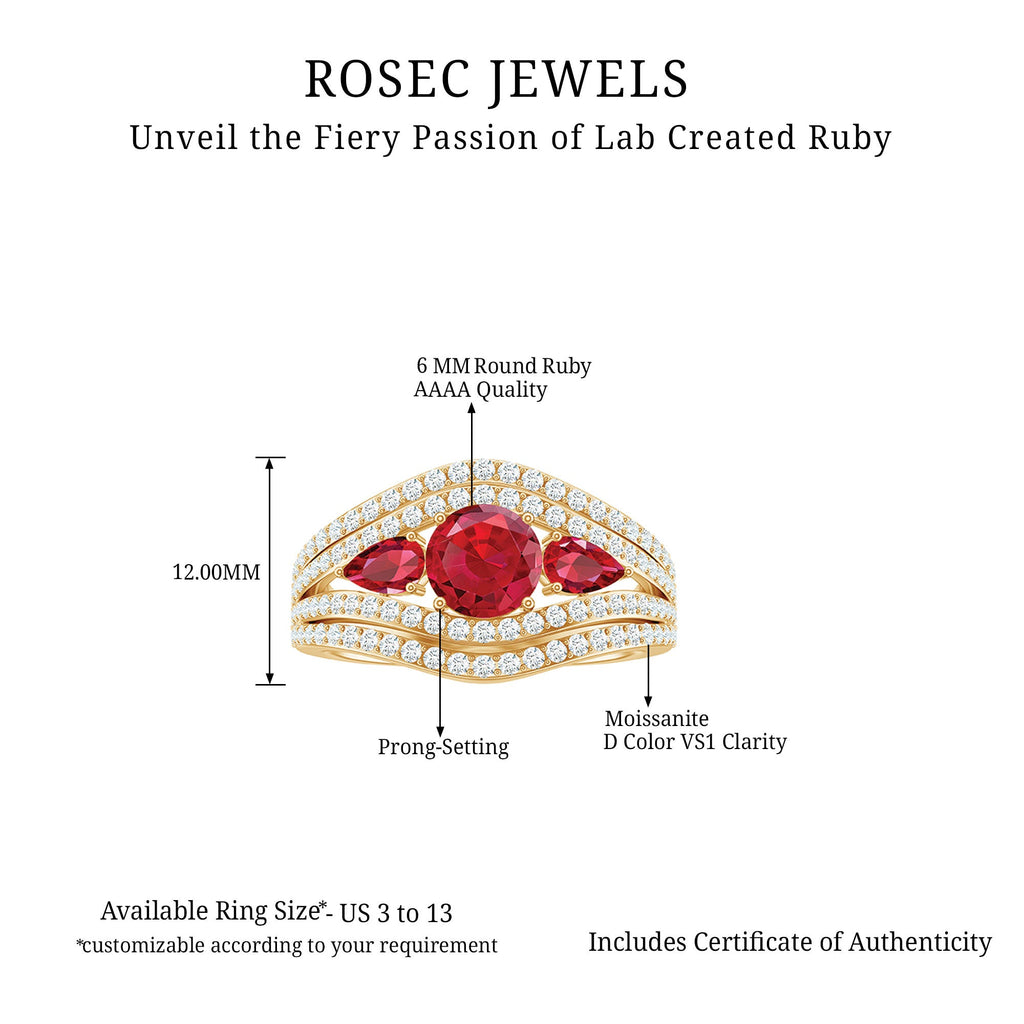 Designer Lab Created Ruby 3 Stone Engagement Ring With Moissanite