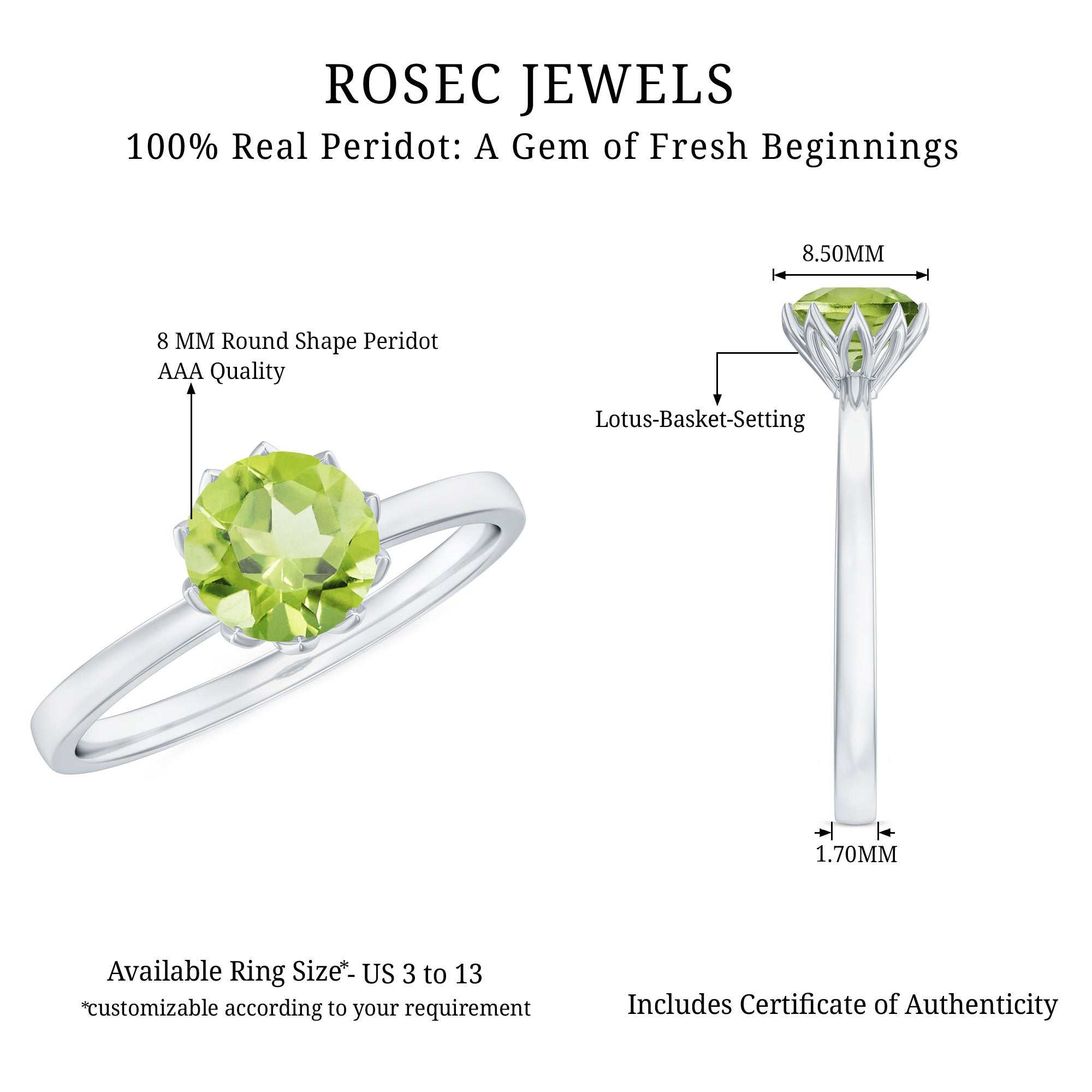 Genuine 2 Carat Peridot Engagement Ring in Lotus Basket Setting